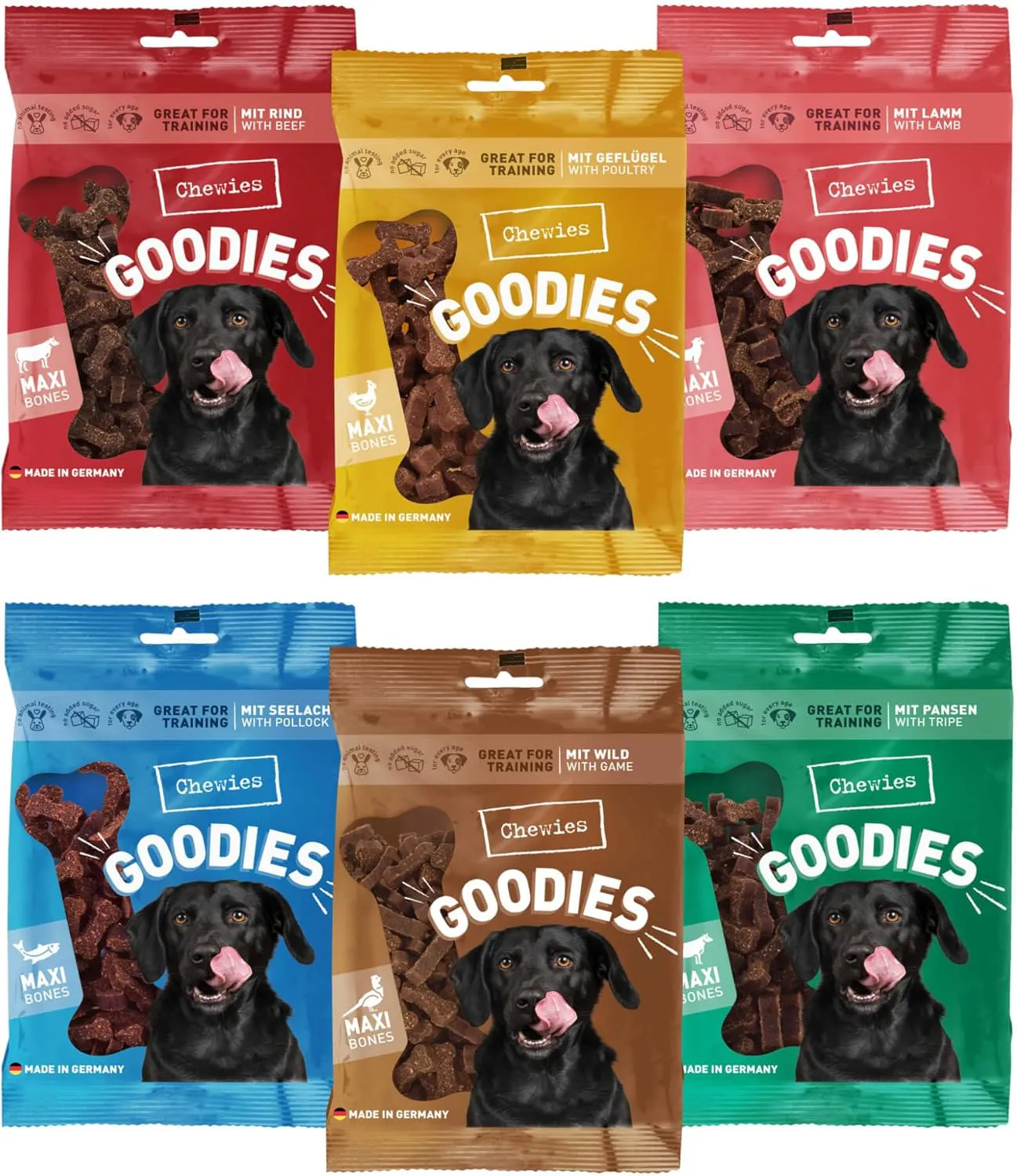 Bild von Chewies Maxi Snacks Probier-Paket mit 6 x 200 g gesunden, zuckerfreien Hunde-Leckerlis für Training und Belohnung, Made in Germany