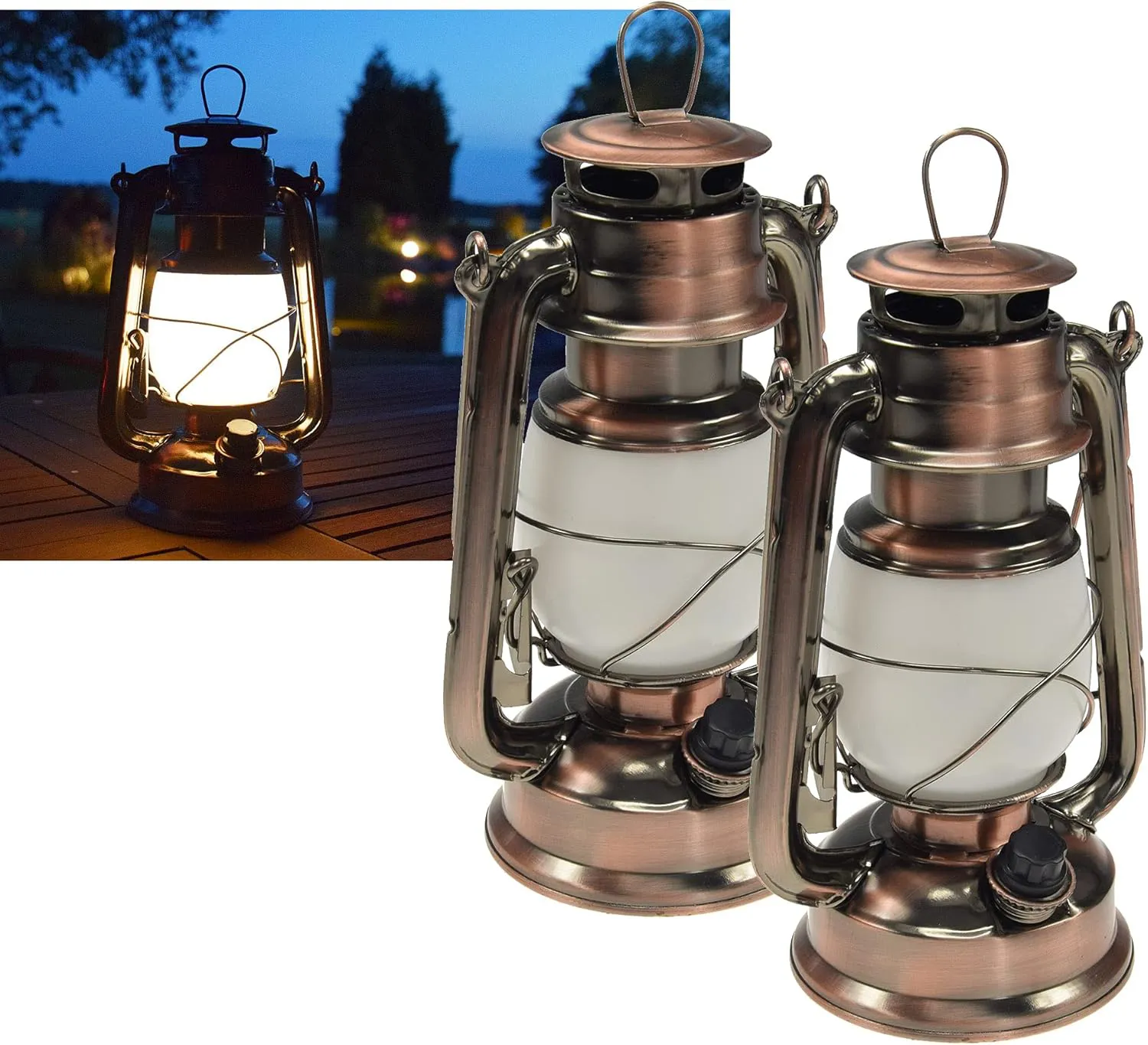Bild von ChiliTec LED Campinglaterne im 2er Set, dimmbar, 23 cm, warmweiß, mit Batterie und Bügel