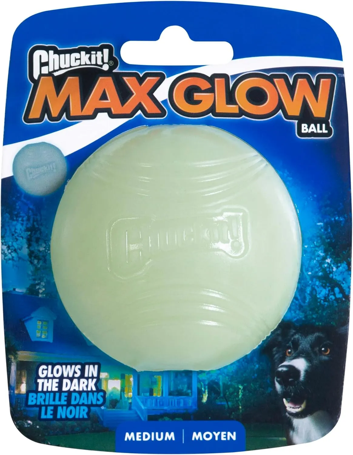Bild von Chuckit Max Glow Medium Ball für Hunde mit 6,5 cm Durchmesser, phosphoreszierend und weich im Mund