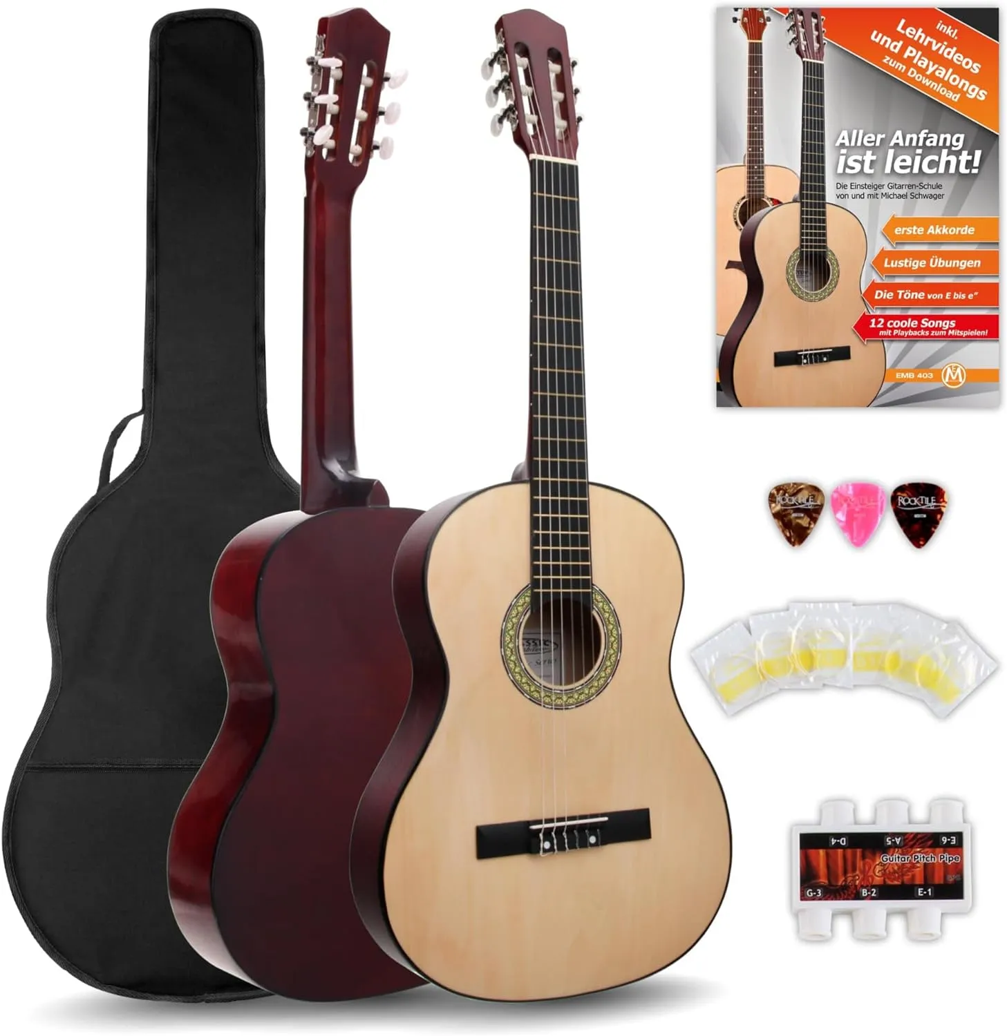 Bild von Classic Cantabile AS-851 Konzertgitarre Starter Set mit Gigbag, Nylonsaiten, Lehrbuch, Plektren und Stimmpfeife