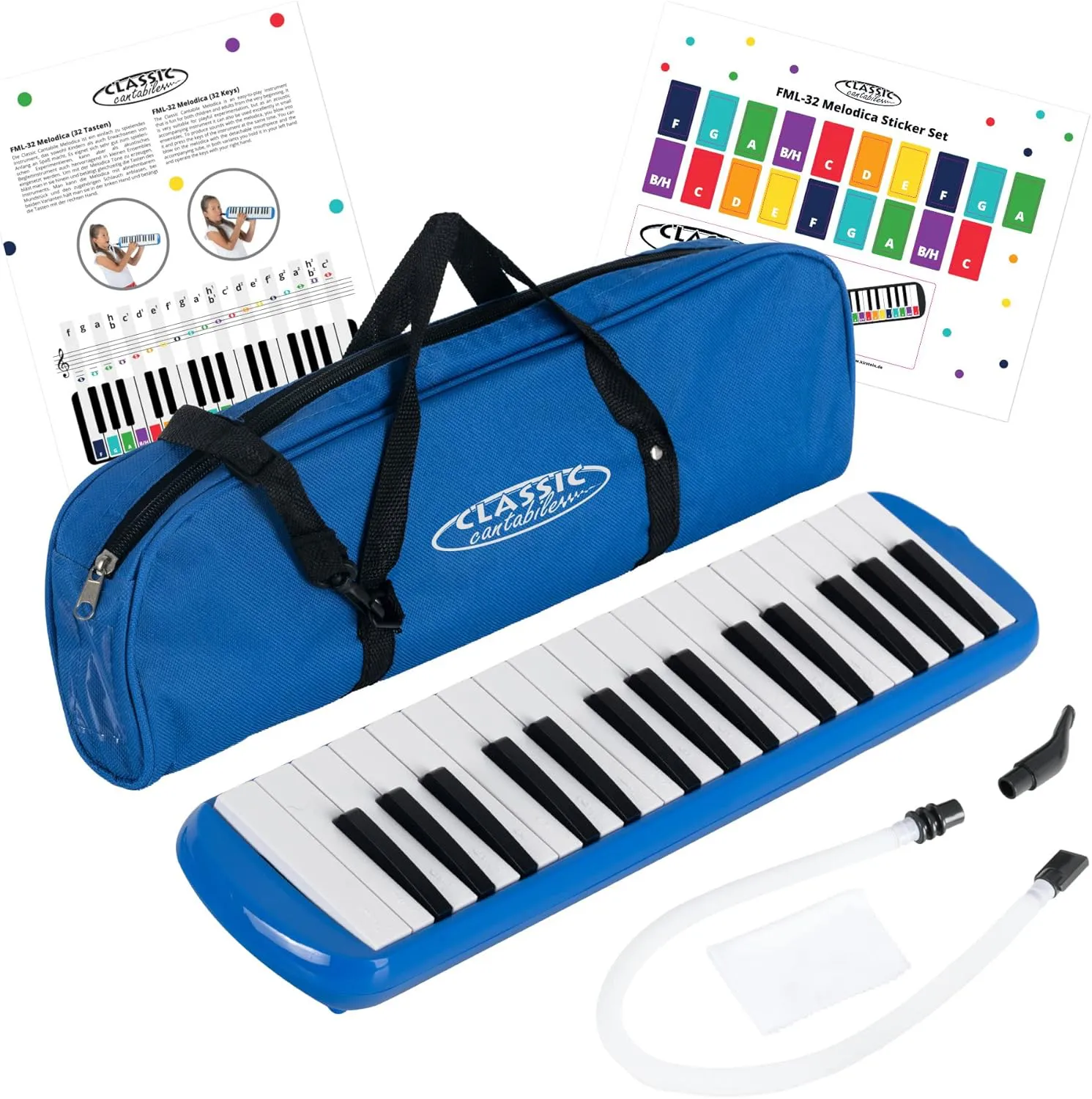 Bild von Classic Cantabile FML-32 BU Melodica mit 32 Tasten und Tonumfang von f bis c3, inklusive Etui, Mundstück, Anblasschlauch, Booklet mit 5 Kinderliedern und bunten Aufklebern in Blau