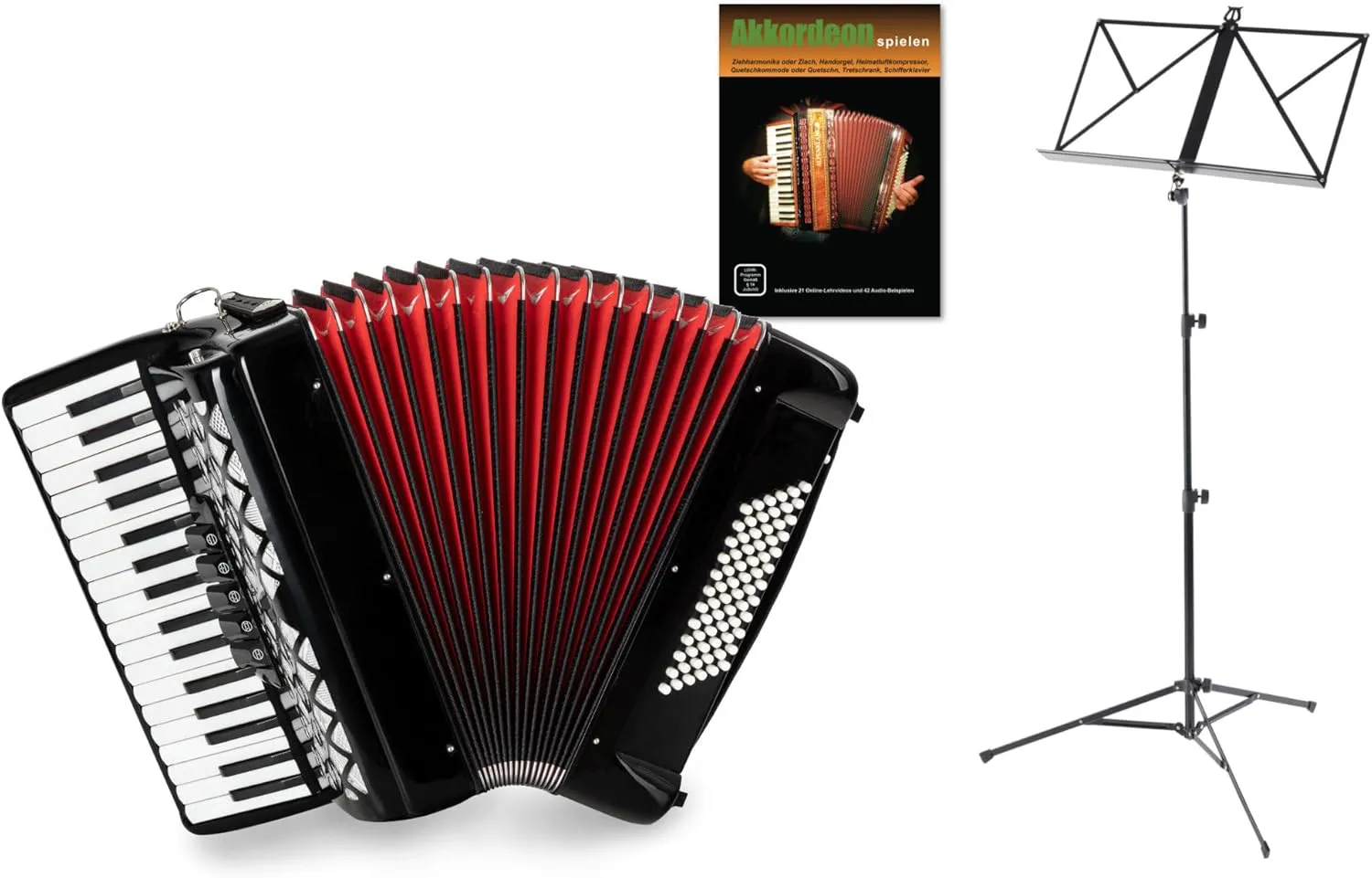 Bild von Classic Cantabile Secondo V 72 Bass Akkordeon Set in Schwarz mit Tasche, Riemen, Notenständer und Akkordeonschule