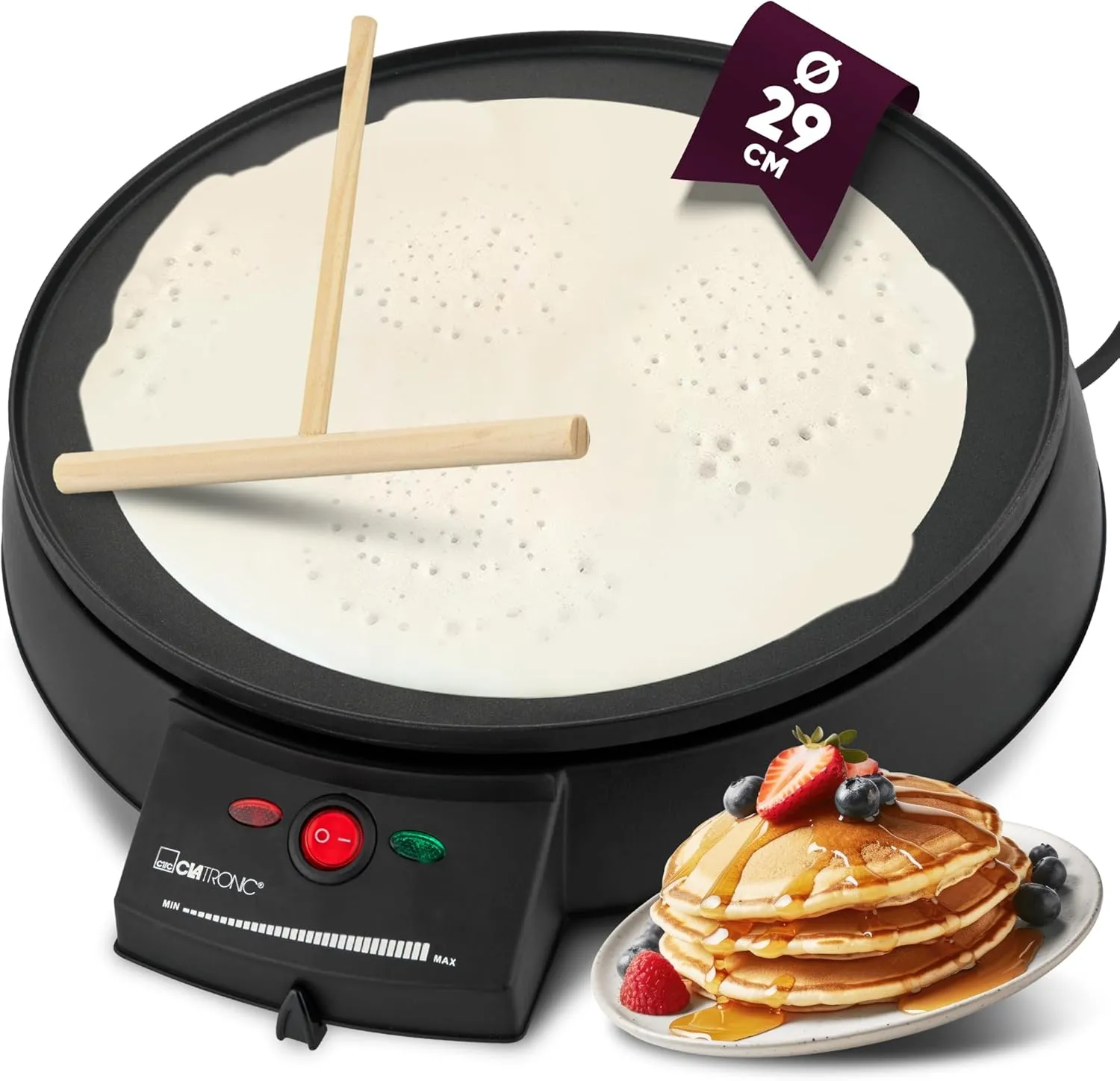 Bild von Clatronic CM 3372 Crepes Maker mit 29 cm Durchmesser, Teigverteiler, antihaftbeschichteter Oberfläche und stufenlosem Thermostat, 900 Watt Leistung
