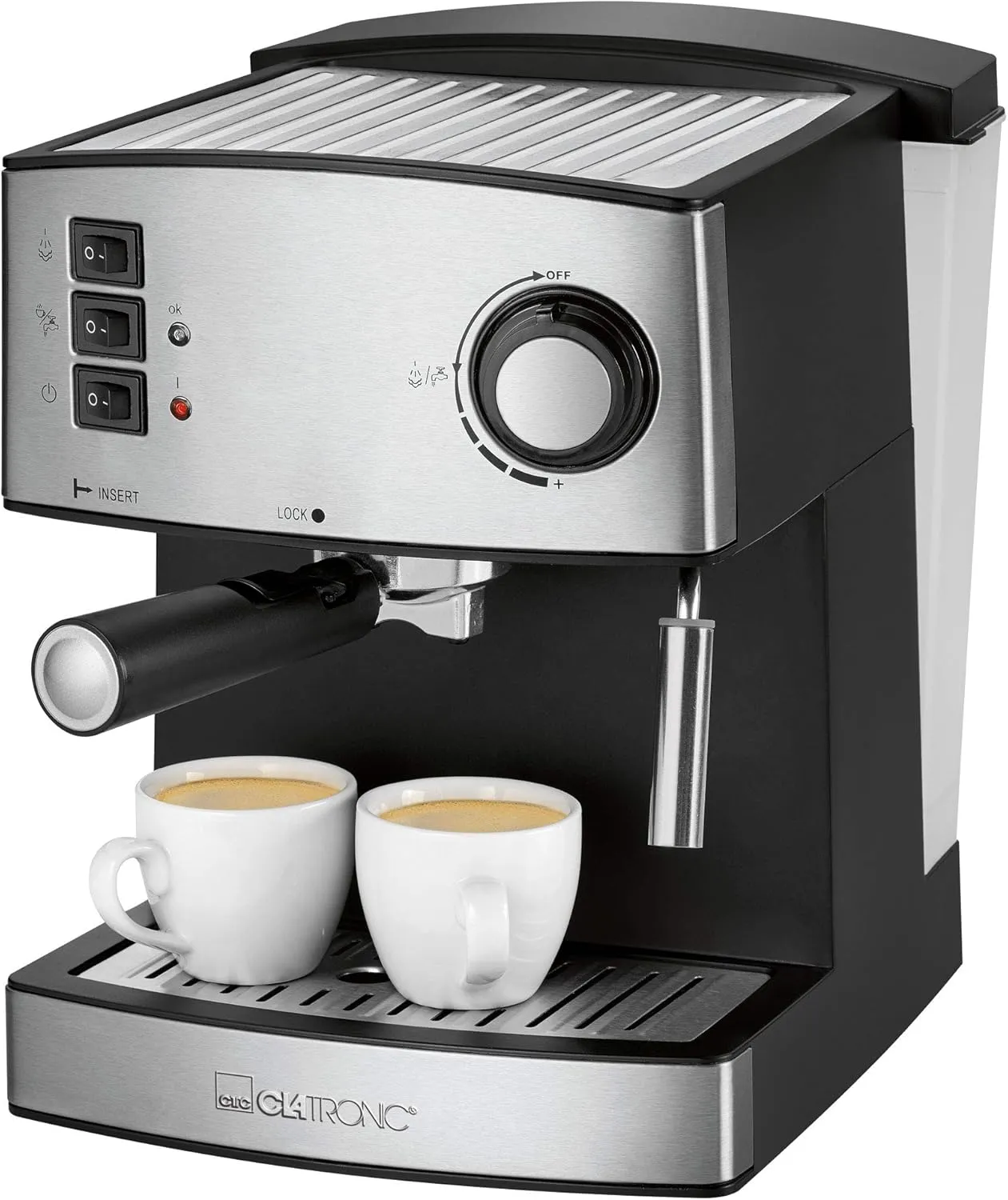 Bild von Clatronic ES 3643 Espressomaschine mit 15 bar Pumpdruck und 1,6 Liter abnehmbarem Wassertank, 850 Watt und zwei Edelstahl-Düsen für Aufschäumen und Heißwasser