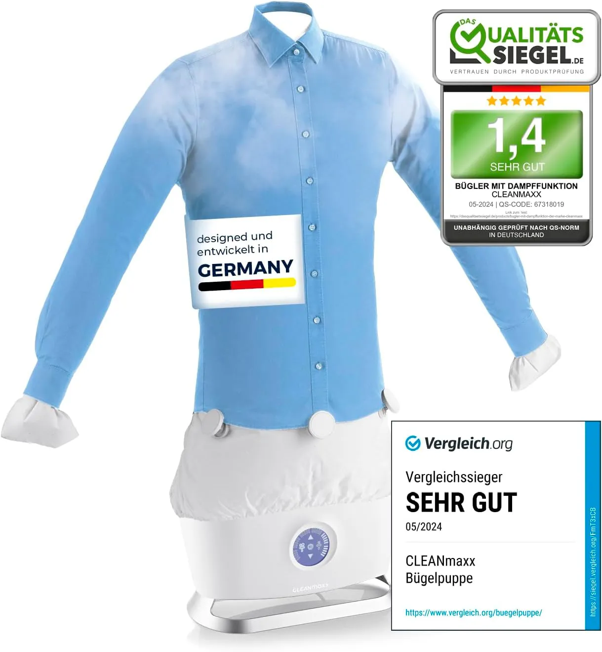 Bild von CLEANmaxx automatischer Hemdenbügler mit Dampffunktion und Touch Display, schonender als Wäschetrockner und Bügeleisen, zwei Programme