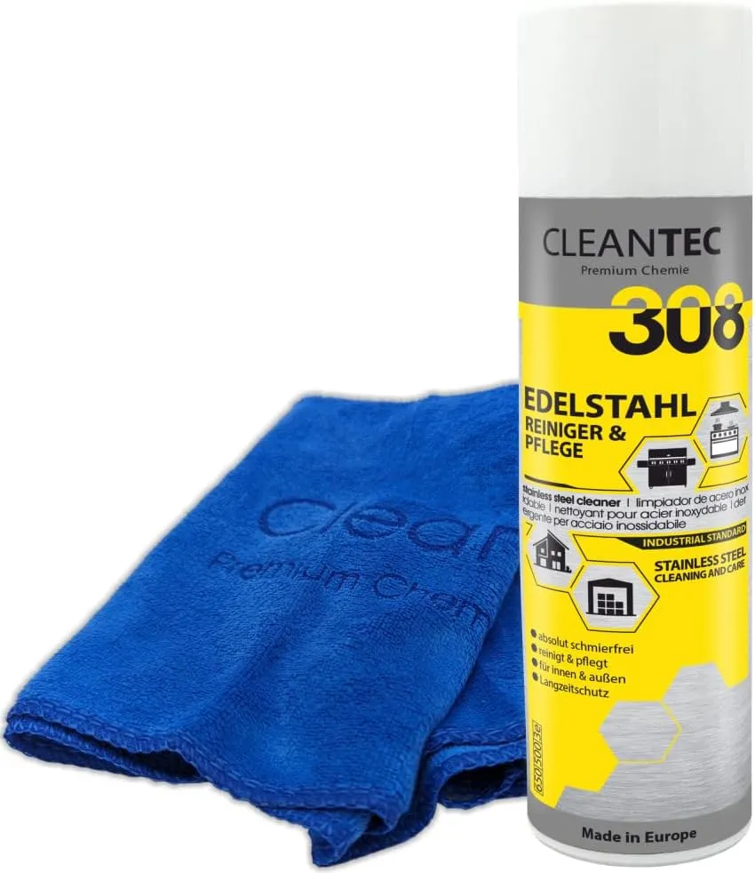 Bild von CleanTEC Edelstahl Reiniger und Pflege 500 ml für Chrom und Aluminium, schmierfrei mit Tuch