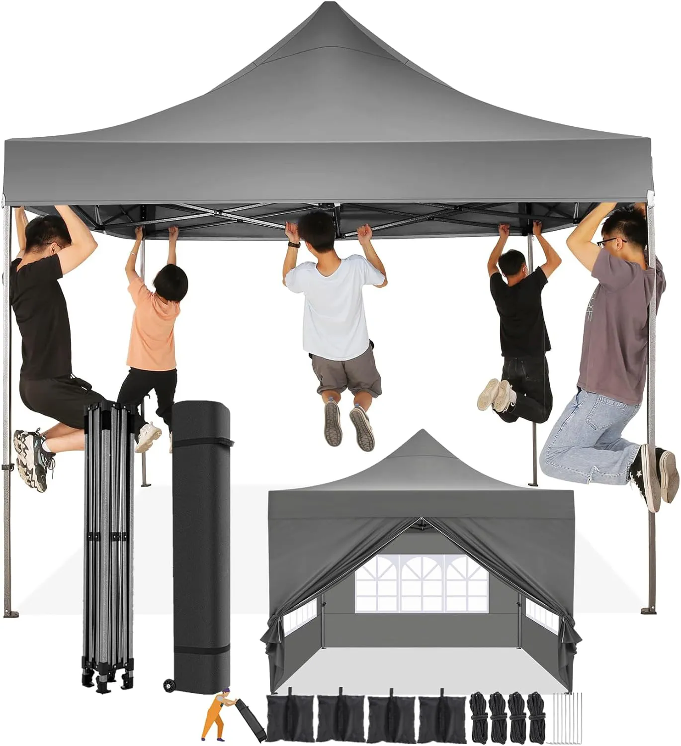Bild von COBIZI Pavillon 3x3 Meter grau, wasserdicht und stabil mit Seitenwand und Sandsack, ideal für Garten, Strand, Hochzeit und Camping, inklusive Tragetasche mit Rollen
