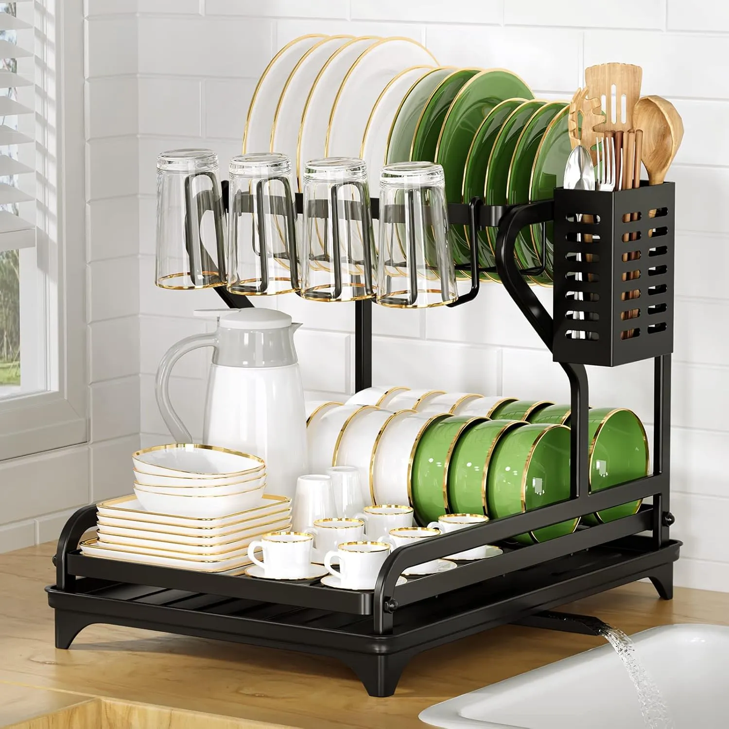 Bild von Cocolemon 2-stufiges Abtropfgestell aus Edelstahl mit Utensilienhalter und Abtropfschale für die Küche