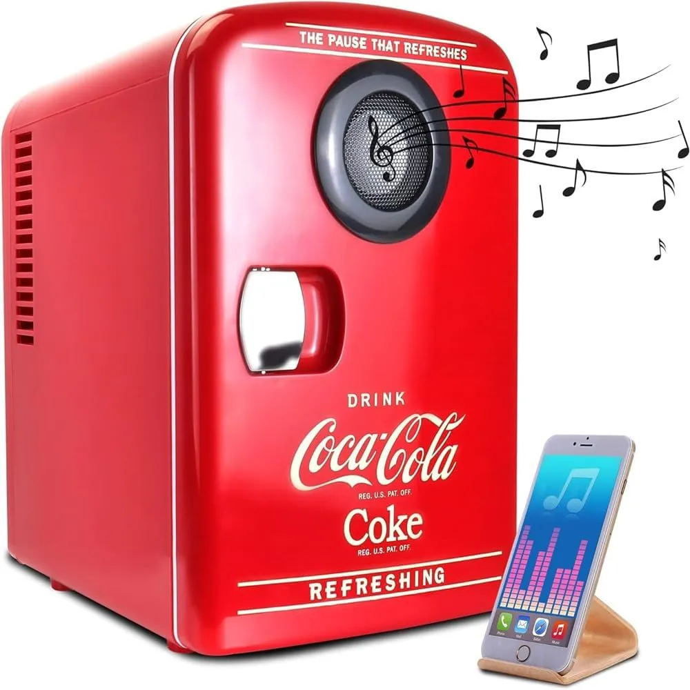 Bild von Coke Mini Kühlschrank mit 4 Litern für 6 Dosen und integriertem Bluetooth Lautsprecher in Rot