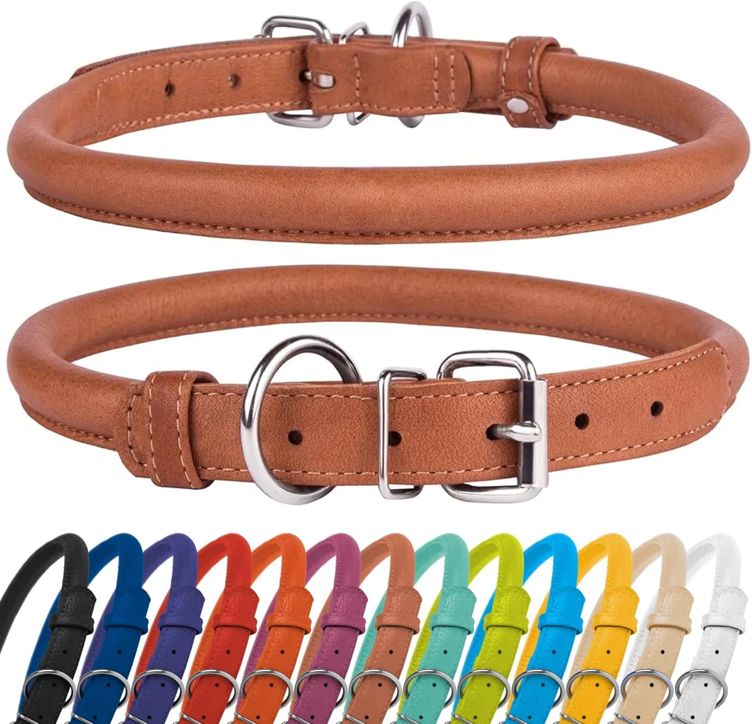 Bild von CollarDirect Rundes Lederhalsband aus handgefertigtem Echtleder, weich gepolstert, für Hunde und Katzen in verschiedenen Farben