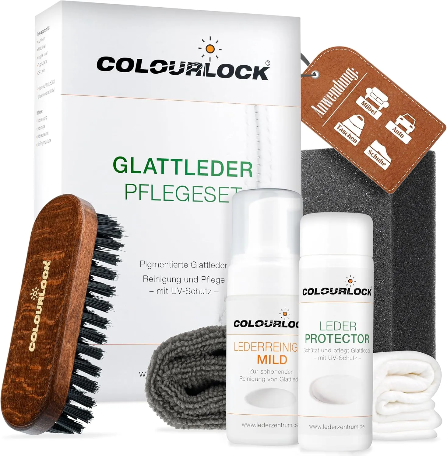 Bild von COLOURLOCK Lederpflege Set für Glattleder mit Reiniger, Protector, Bürste, Schwamm und Tüchern