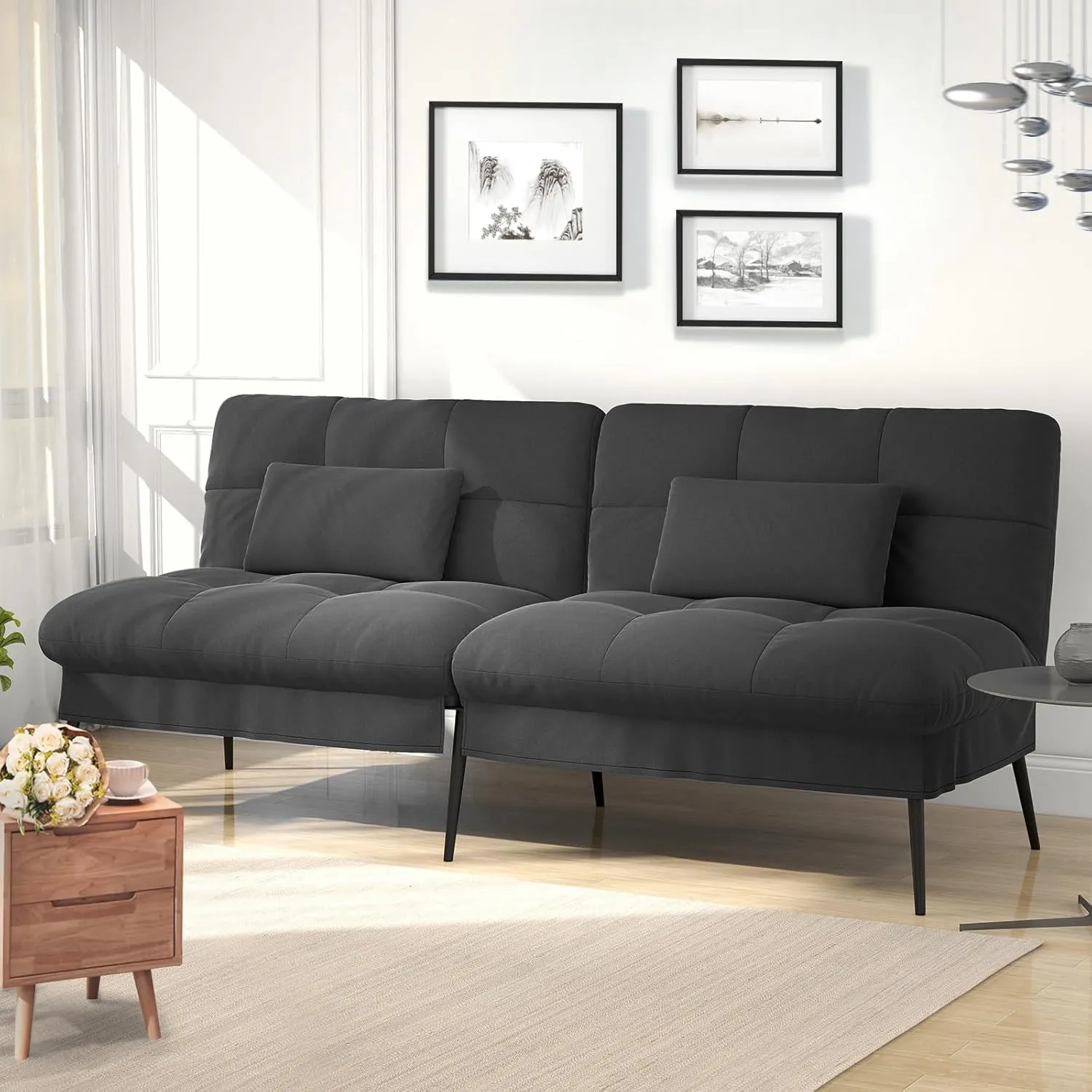 Bild von COMHOMA Schlafsofa in Schwarz mit verstellbarer Rückenlehne, 3-Sitzer und Schlaffunktion