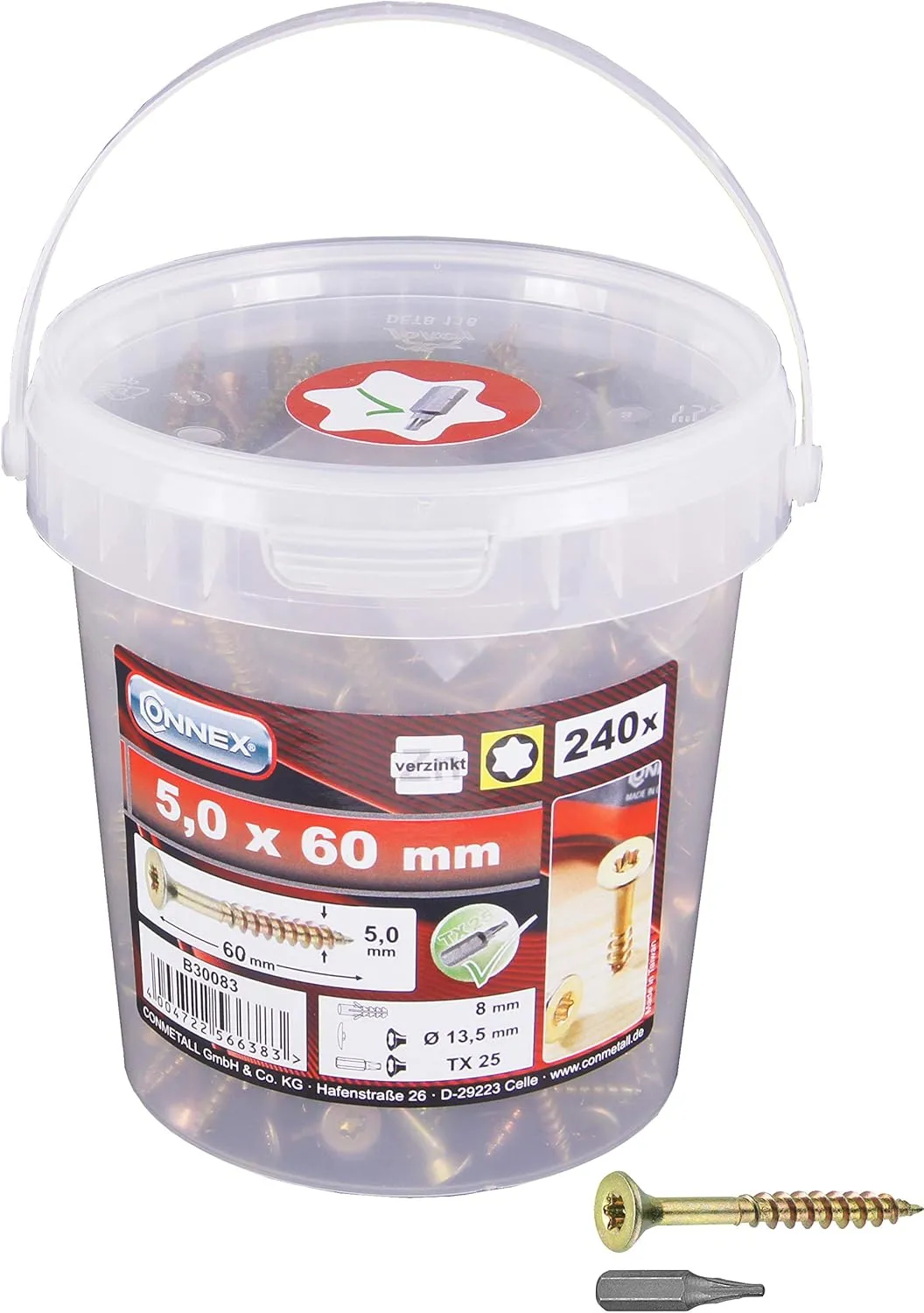 Bild von Connex B30083 Universalschrauben Set mit 240 Stück in 5,0 x 60 mm, Senkkopf, TX-Antrieb und Teilgewinde, gelb verzinkt, inklusive Bit und Eimer