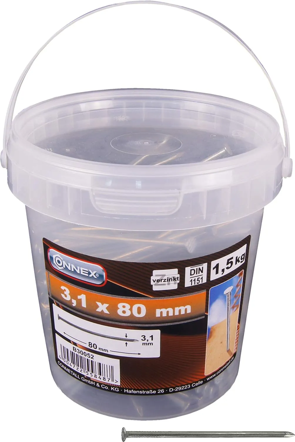 Bild von Connex Drahtstifte 3,1 x 80 mm verzinkt im 1500 g Eimer für universellen Einsatz, Artikelnummer B30052
