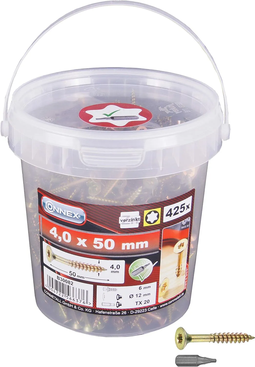 Bild von Connex Schrauben Set mit 425 Stück, 4,0 x 50 mm, Senkkopf, TX-Antrieb, Teilgewinde, gelb verzinkt, inklusive Bit und Eimer, Artikelnummer B30082
