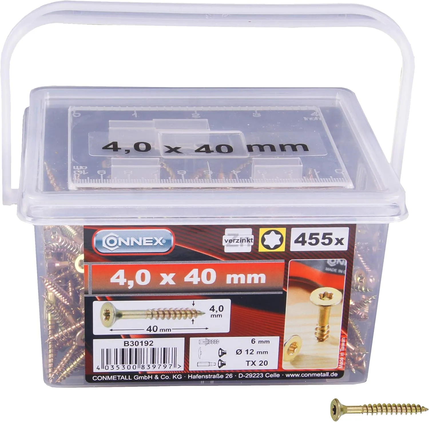 Bild von Connex Schrauben Set mit 455 Stück, 4,0 x 40 mm, Senkkopf, TX-Antrieb, Teilgewinde, gelb verzinkt
