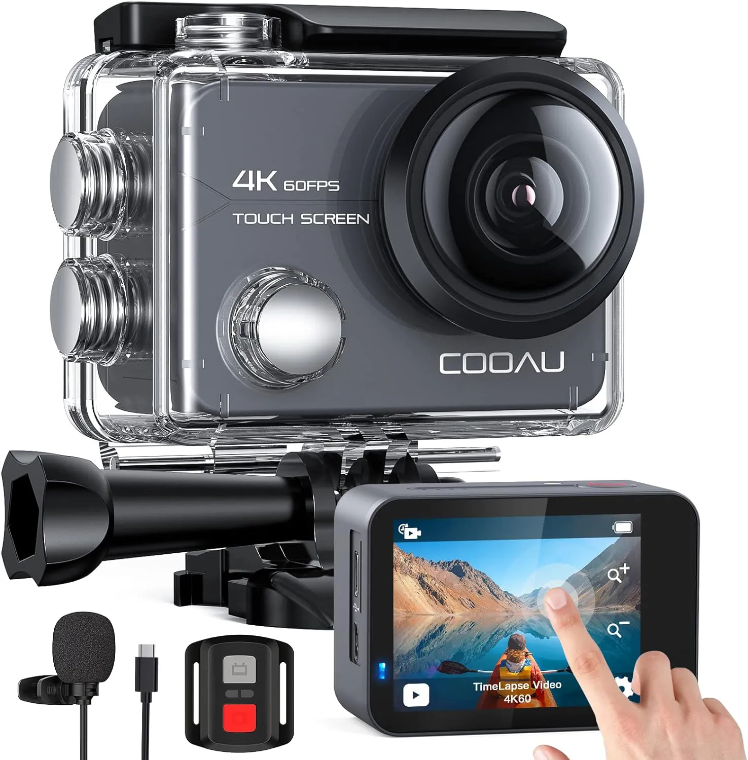 Bild von COOAU 4K Action Cam mit 20 MP, Touchscreen, WiFi, 8-fach Zoom, 6-Achsen Stabilisierung, wasserdicht bis 40 Meter, externem Mikrofon und zwei 1350 mAh Batterien