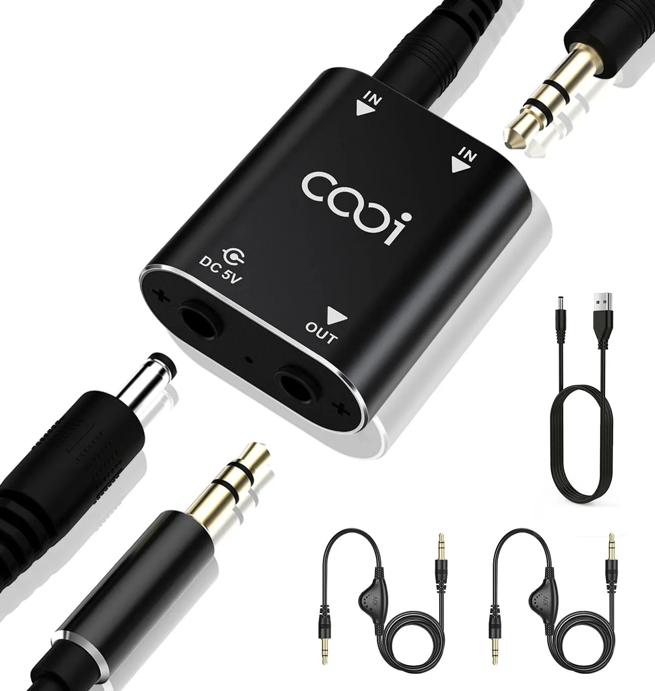 Bild von Cooidea 2-Kanal Mischpult mit Metallgehäuse und zwei Audiokabeln für PC, Telefon und Laptop