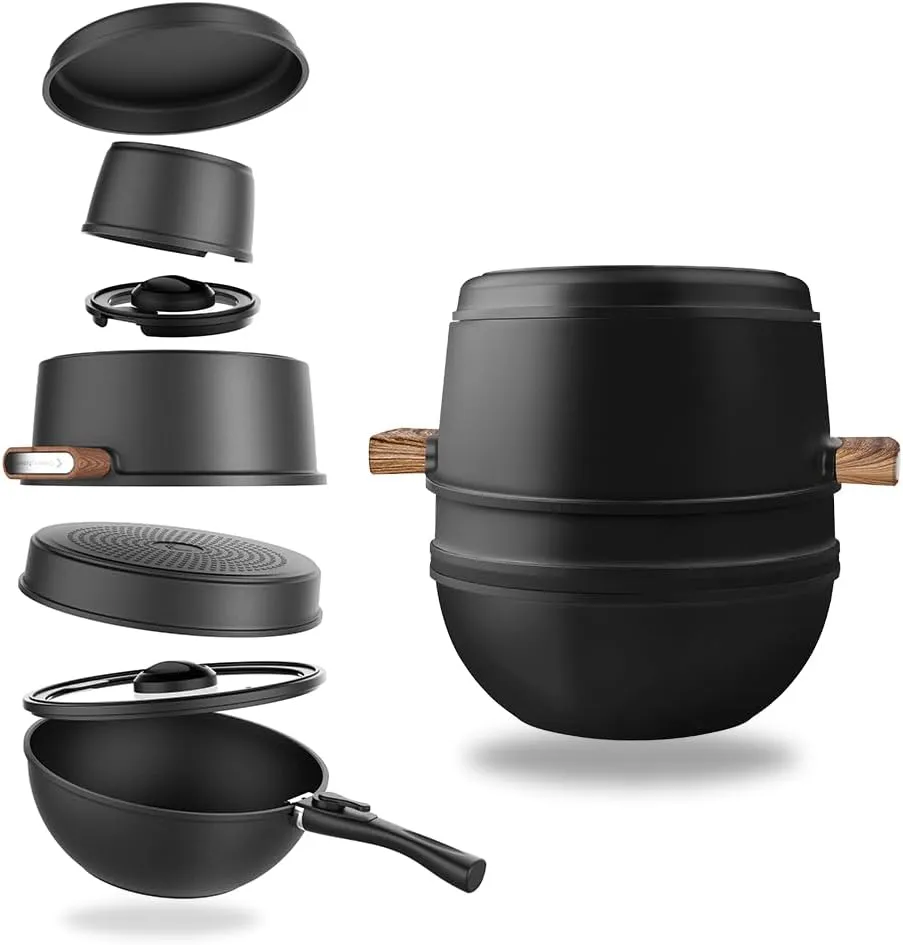 Bild von CookingTotem Luxus 10-teiliges Pfannenset mit stapelbaren Pfannen und Töpfen, Antihaftbeschichtung, abnehmbaren Griff und geeignet für alle Wärmequellen, inklusive Induktion