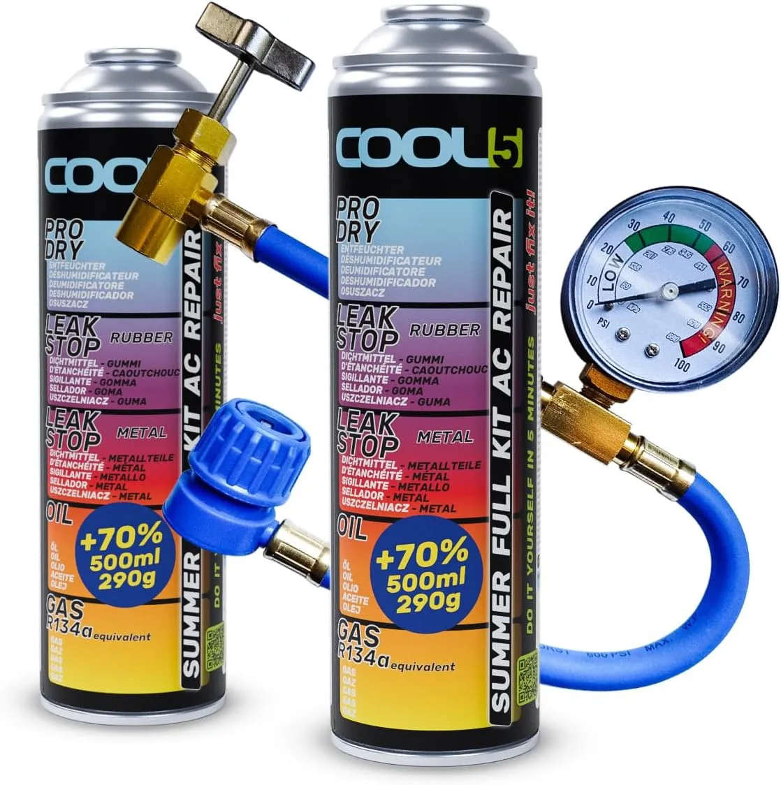 Bild von Cool5 Full KIT AC 5in1 mit 2 Dosen R134a und Schlauch für Autos von 1995 bis 2016