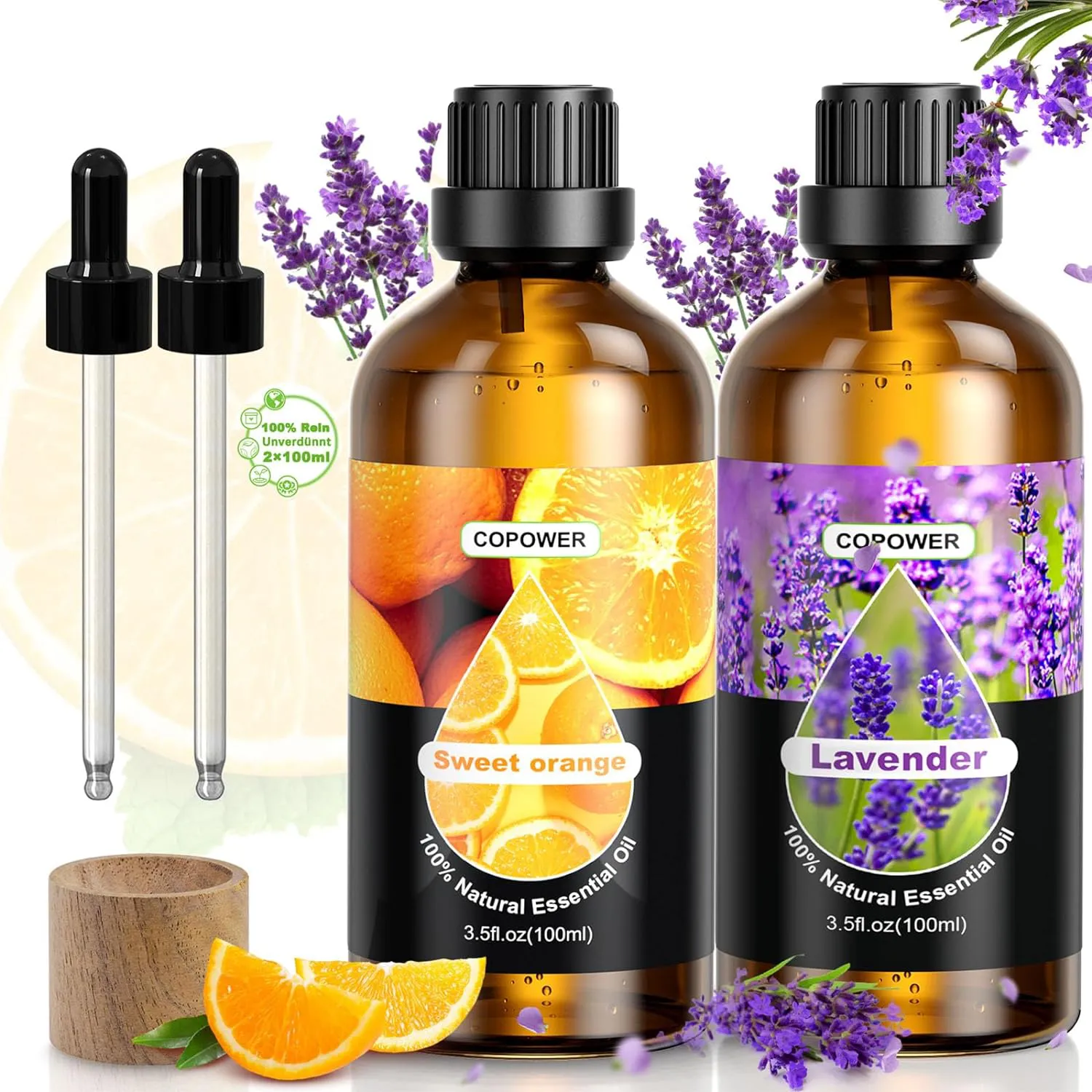 Bild von COPOWER Ätherische Öle Set mit 2x100ml reinem Lavendel- und Orangenöl für Diffuser und Aromatherapie