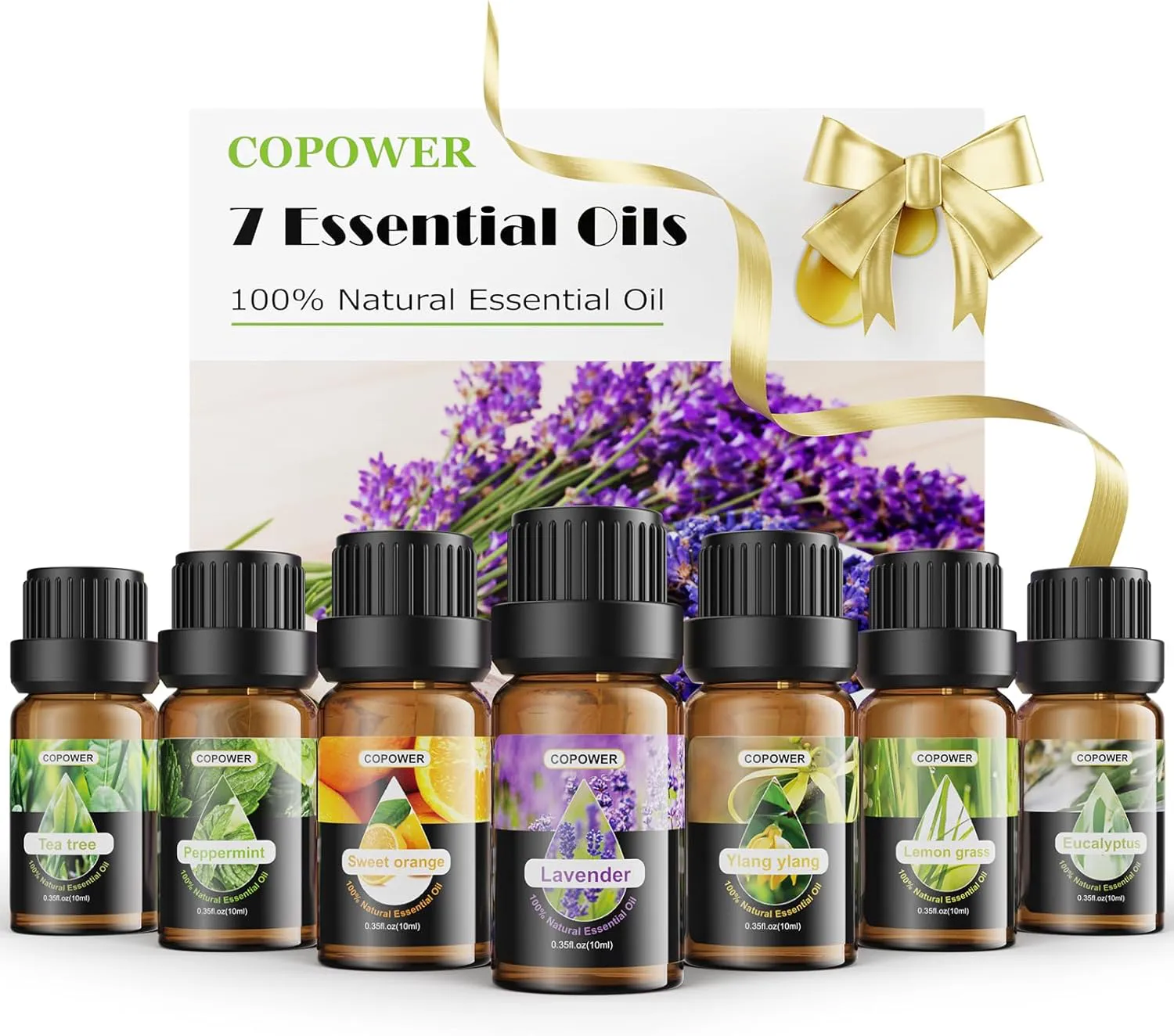 Bild von COPOWER Set mit 7 x 10 mL ätherischen Ölen (Lavendel, Eukalyptus, Pfefferminz, Süßorange, Zitronengras, Teebaum, Ylang) für Diffuser und Massage