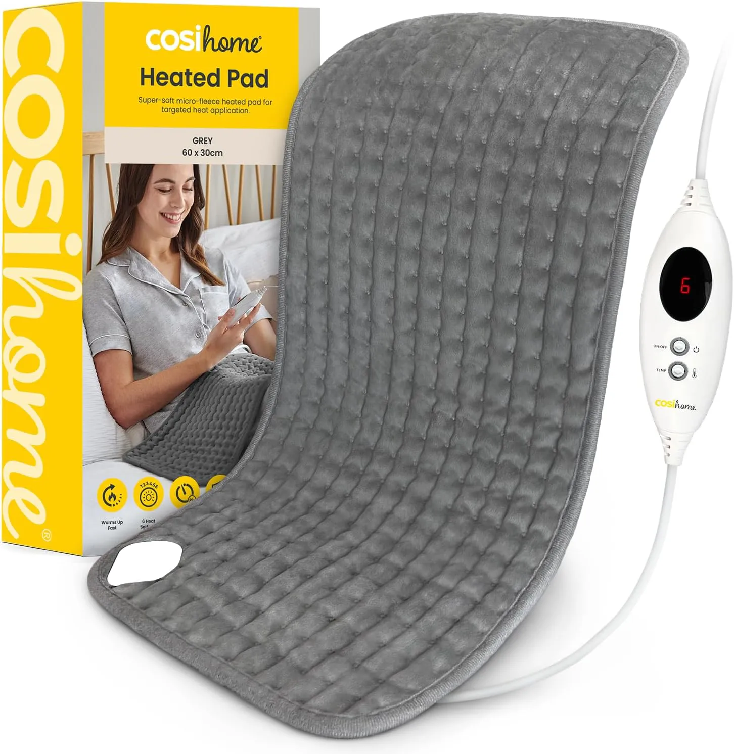 Bild von Cosi Home Heizkissen 60 x 30 cm aus Mikrofleece in Grau, maschinenwaschbar mit Abschaltautomatik und schneller Heiztechnologie für Entspannung