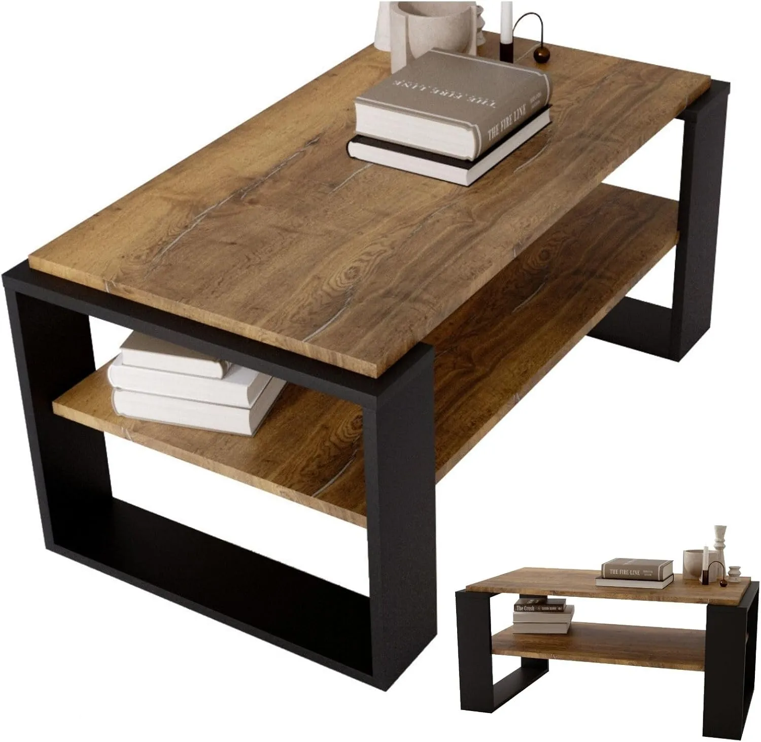 Bild von CraftPAK Kaja Couchtisch aus hochwertigem Holz in Retro-Schwarz mit zusätzlicher Ablagefläche