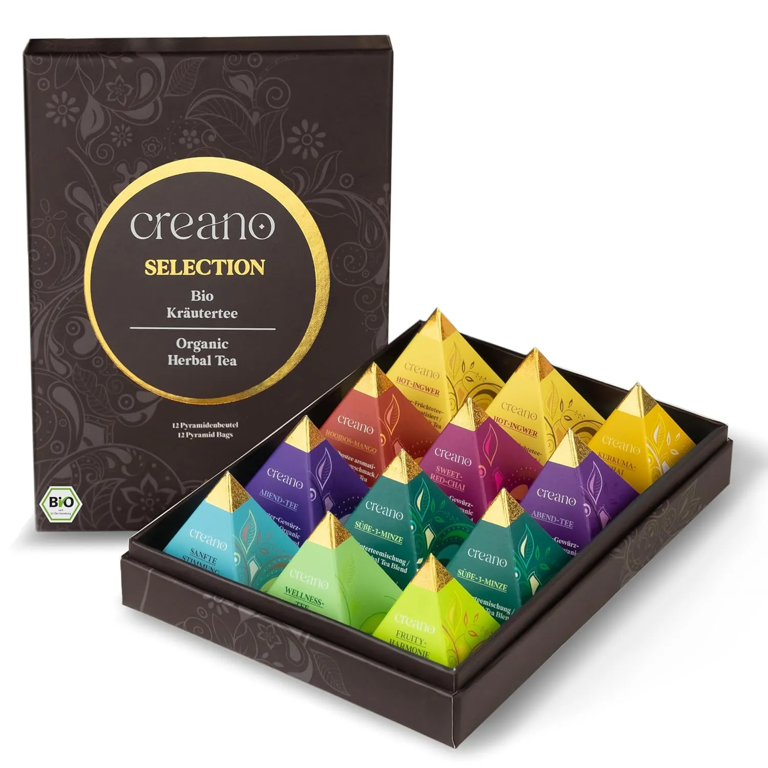 Bild von Creano Geschenkset mit 12 Pyramiden-Teebeuteln in 9 Bio-Kräutertee-Sorten, 30 g