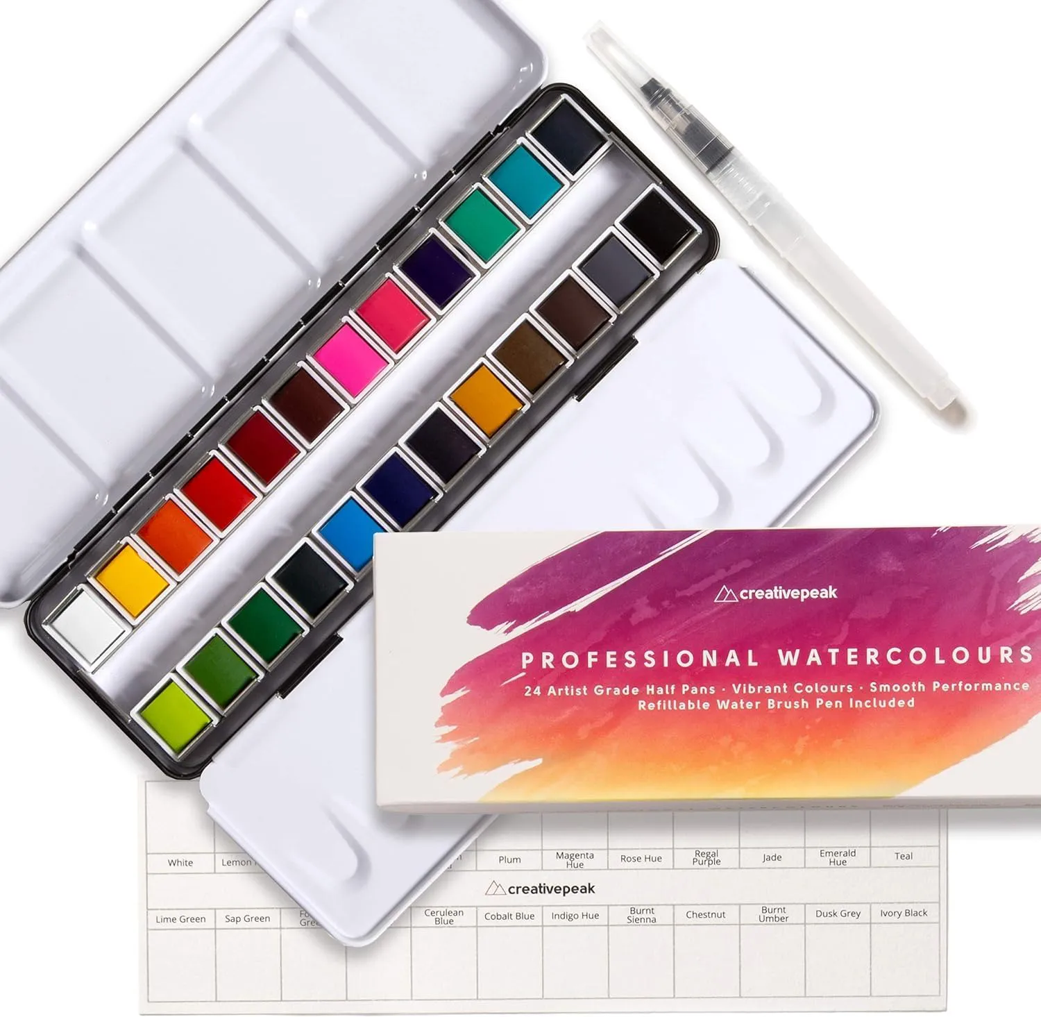 Bild von Creativepeak Aquarellfarben-Set mit 24 leuchtenden Farben, einem Mischpinsel und einer Farbtestkarte für professionelle Künstler