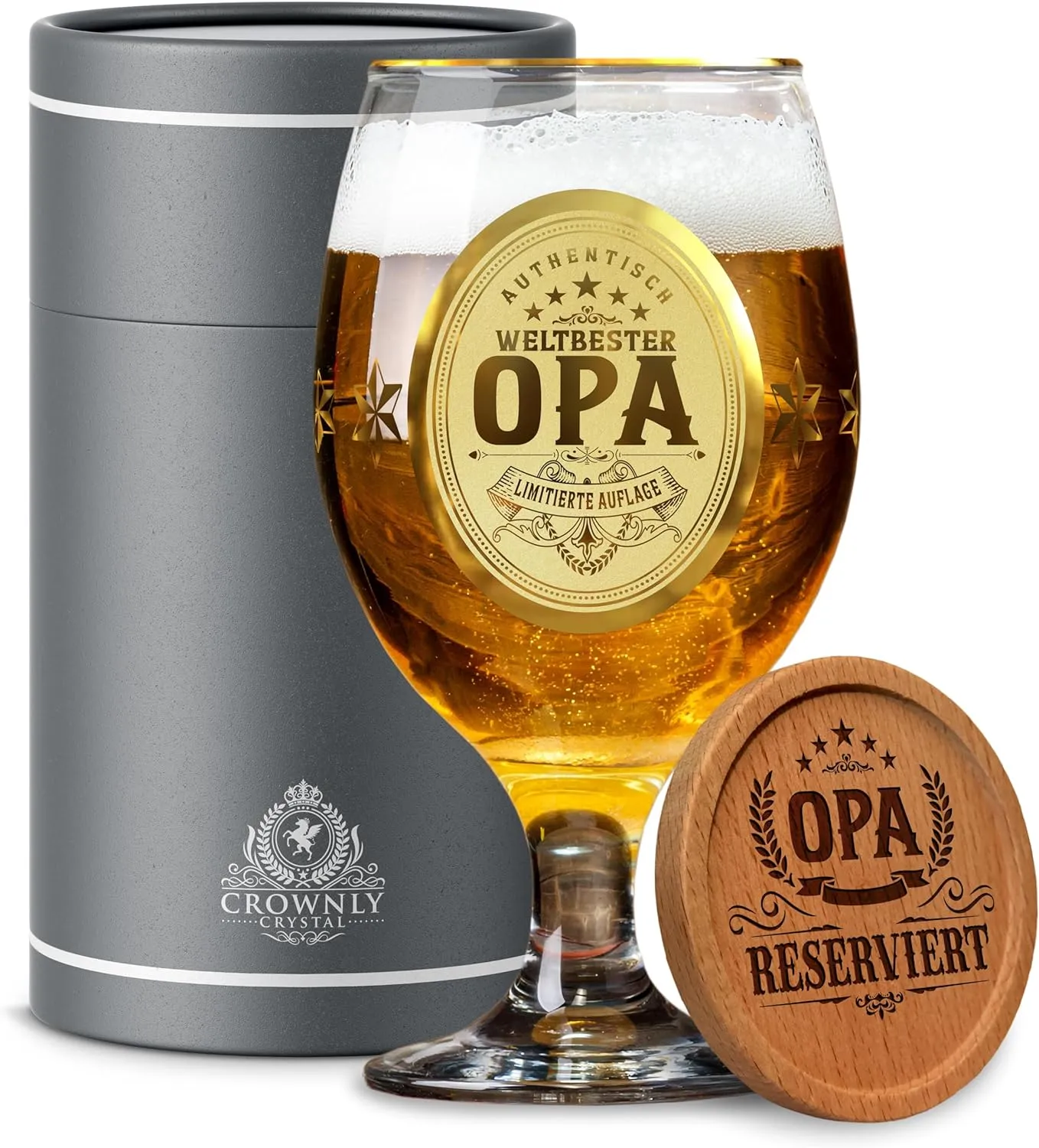 Bild von CROWNLY CRYSTAL Bierglas mit Gravur für Opa als personalisiertes Geschenk zum Ruhestand oder Geburtstag