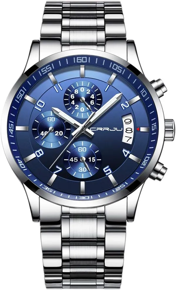 Bild von CRRJU Herren Chronograph Uhr aus Edelstahl mit wasserdichtem Gehäuse und Kalenderfunktion