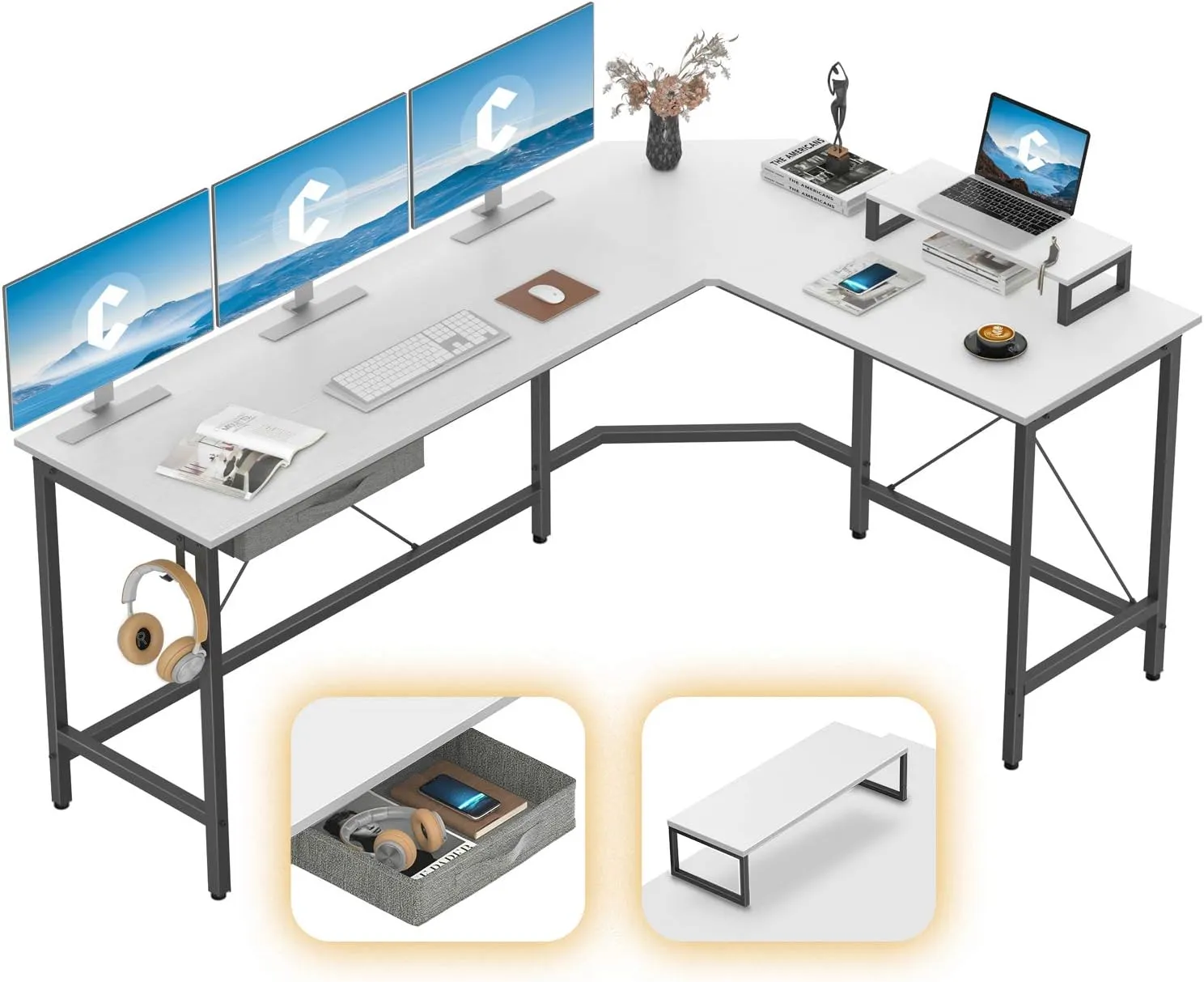 Bild von CubiCubi L-förmiger Computertisch in Weiß mit 170 x 120 cm, stabil für Gaming, inklusive Monitorständer und Schublade