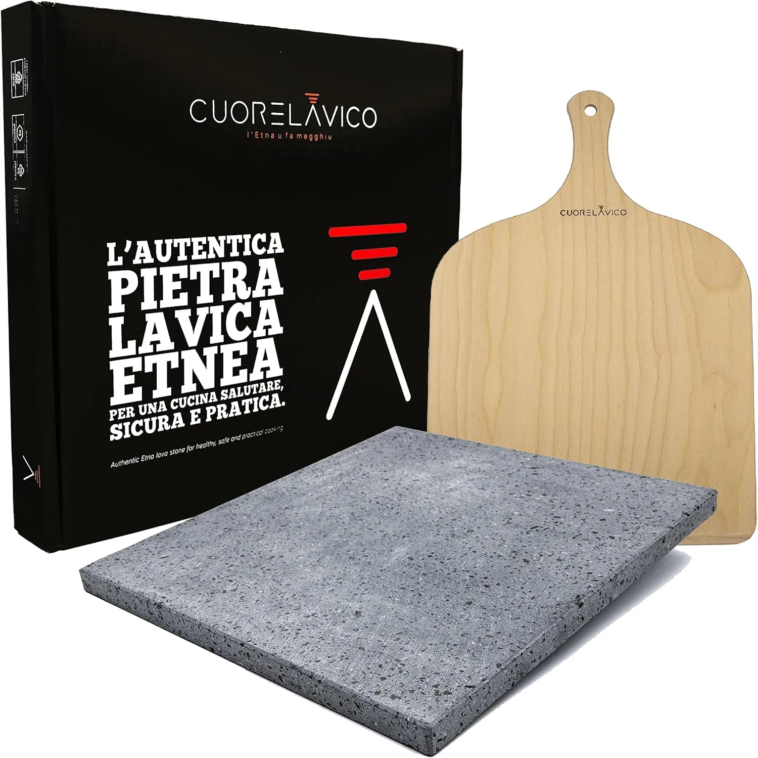 Bild von CUORE LAVICO Pizza Set mit Lavastein 39 x 35 cm und Schaufel, geeignet für Gas-, Elektro- und Grillöfen, Made in Italy