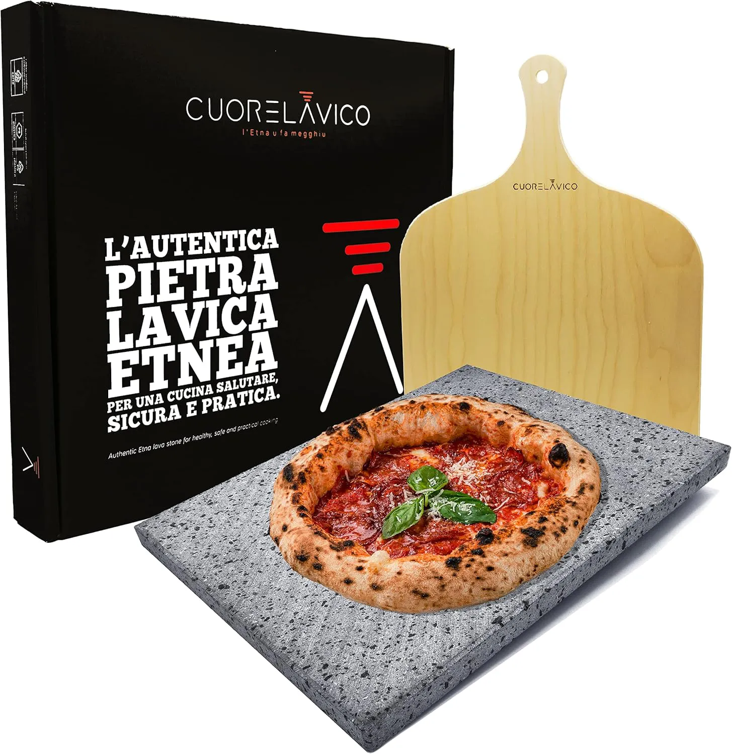 Bild von CUORE LAVICO Pizzastein aus Ätna Lavastein mit 39x30x2 cm und Pizzaschieber für Backofen und Grill