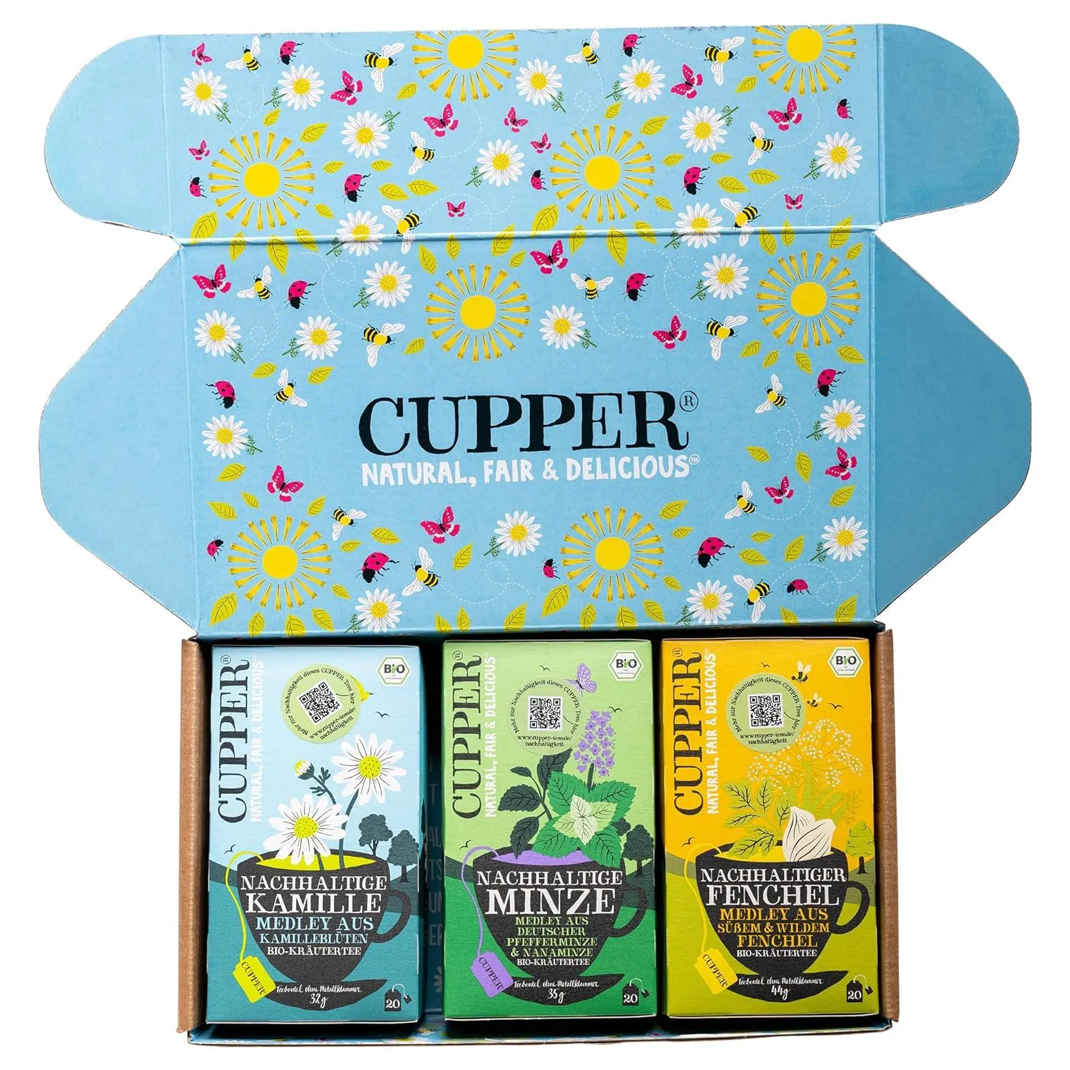 Bild von Cupper Bio Tee Set Kräutermedley mit drei Sorten und 60 ungebleichten, plastikfreien Teebeuteln im 3er Pack