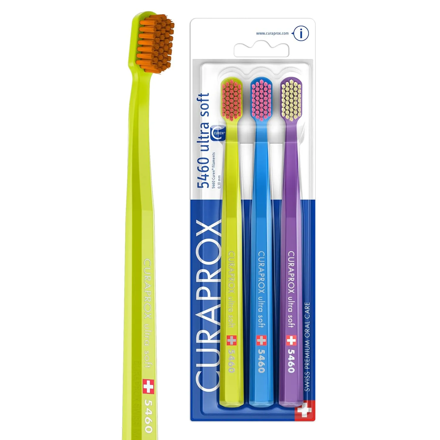 Bild von Curaprox CS 5460 Zahnbürsten Set mit 3 ultra weichen Handzahnbürsten in Grün, Blau und Lila