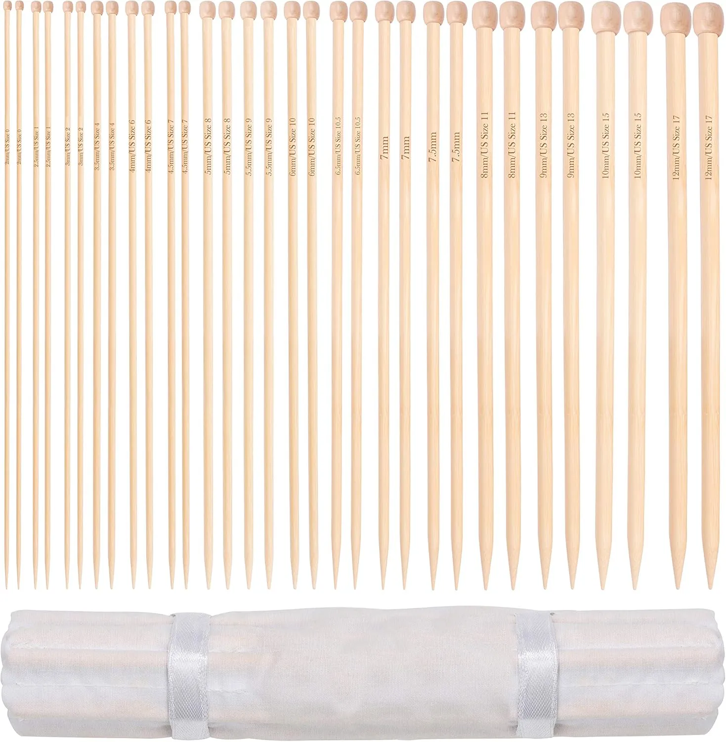 Bild von Curtzy Bambus Stricknadelset mit 16 Paar geraden Nadeln in den Größen 2 mm bis 12 mm und Aufbewahrungsbox, jeweils 34 cm lang