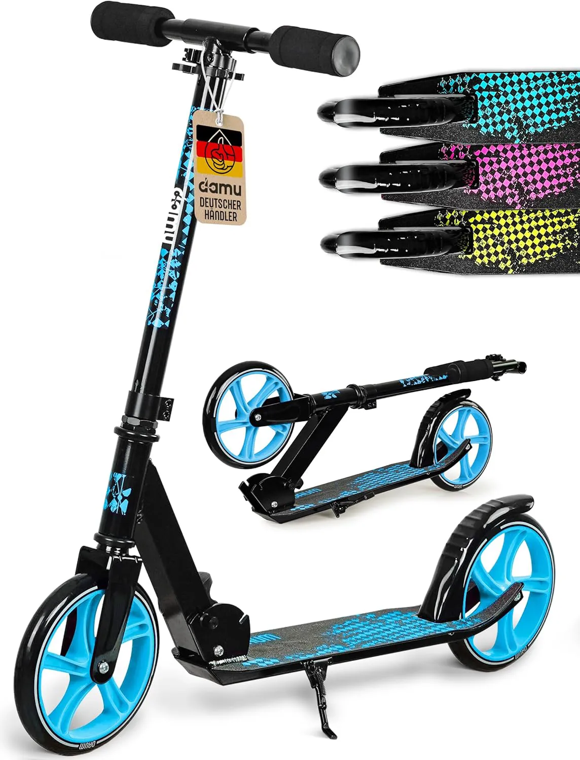 Bild von DAMU Klappbarer Kickscooter für Kinder und Erwachsene bis 100 kg, höhenverstellbar mit 20 cm Rädern und Hinterradbremse