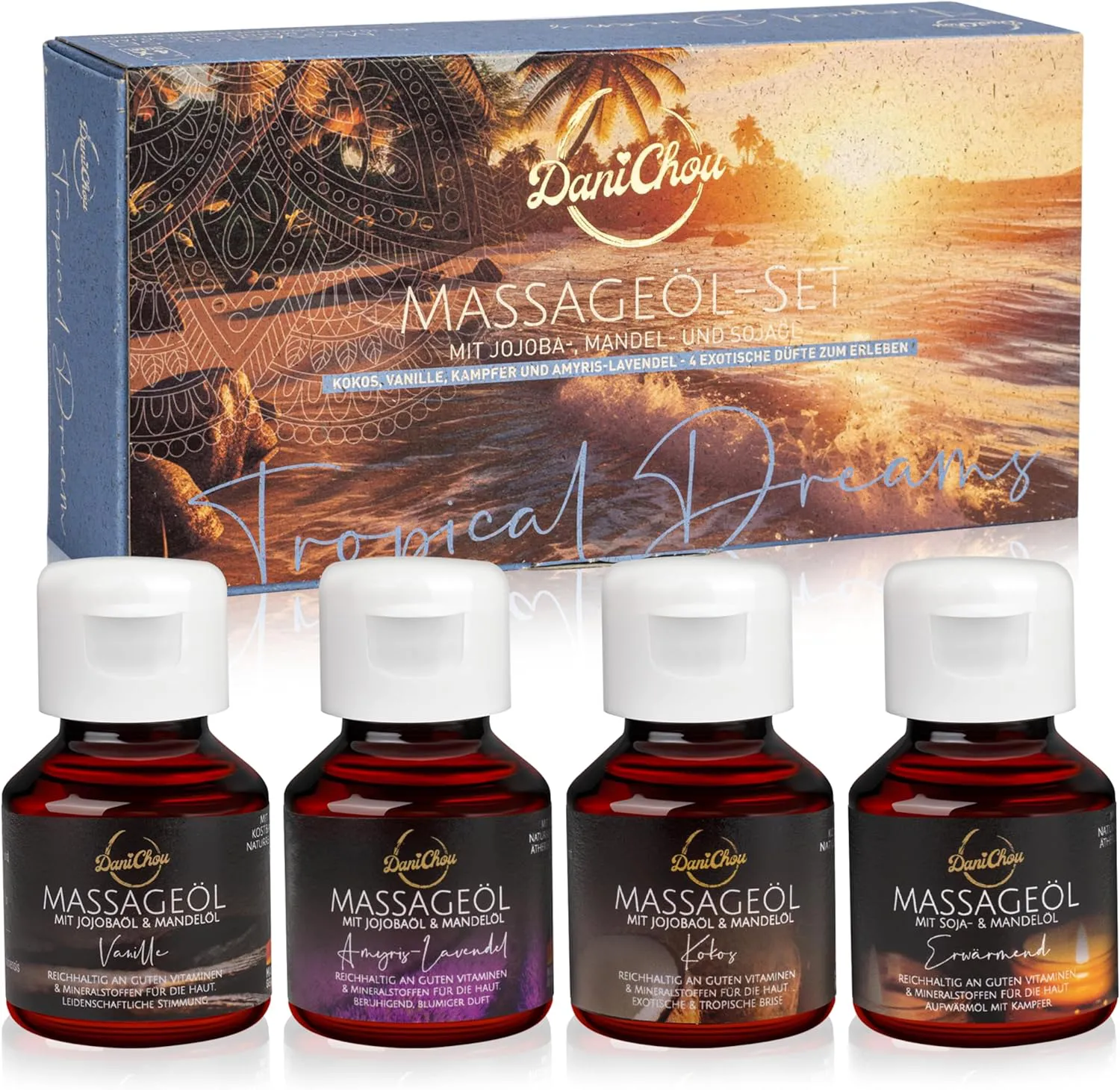 Bild von DaniChou Tropical Dreams Massageöl Probierset mit 4x 50ml in den Düften Kokos, Vanille, Erwärmend und Amyris-Lavendel, angereichert mit Jojoba- und Mandelöl, ideal für die Hautpflege