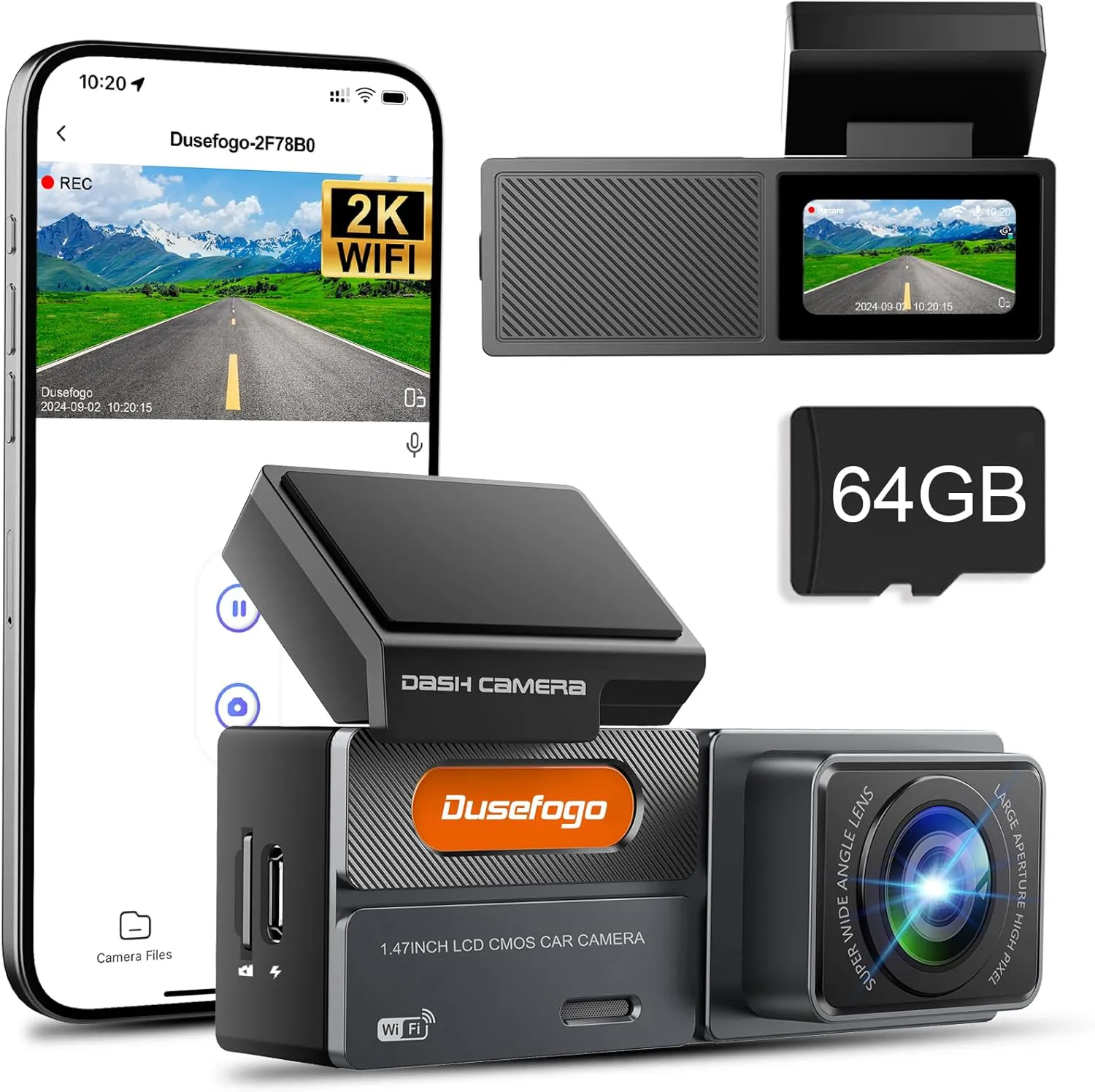 Bild von Dash Cam 2K mit WiFi und 64 GB Karte, Super Nachtsicht, 170 Grad Weitwinkel, G-Sensor, Loop Aufnahme und App Steuerung