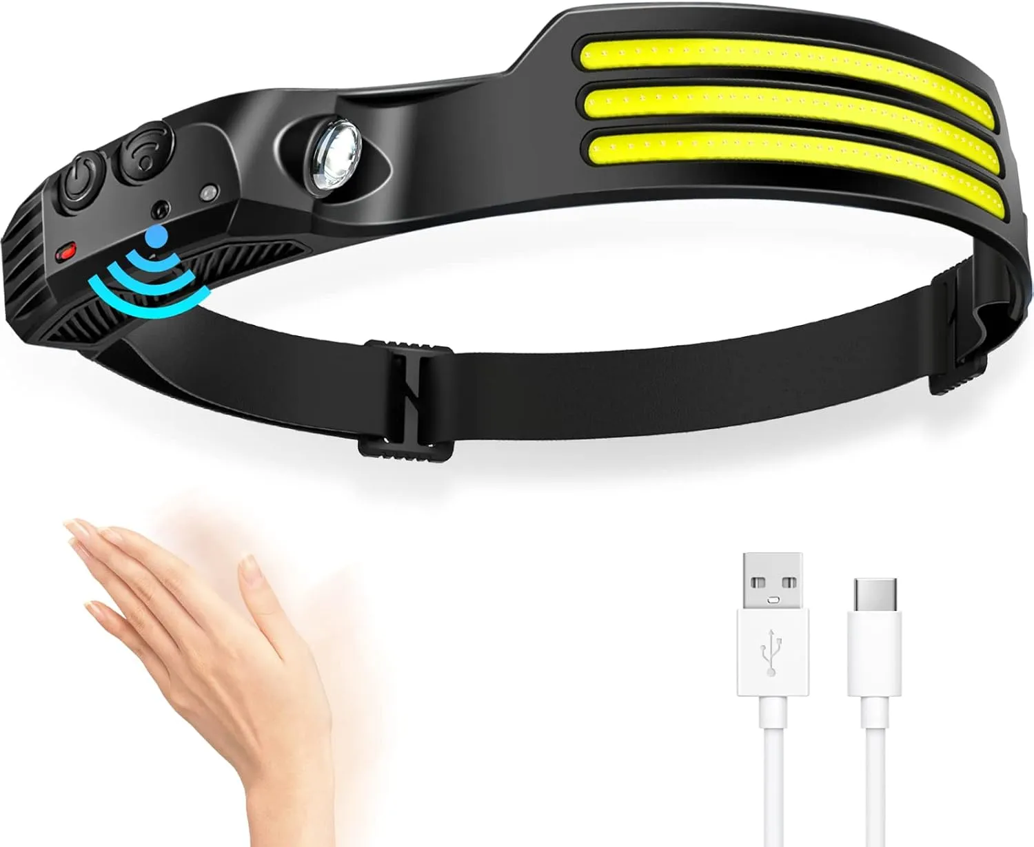 Bild von DAWINSIE LED Stirnlampe mit intelligentem Sensor und 5 Lichtmodi, wiederaufladbar über USB, wasserdicht und superhell für Aktivitäten im Freien
