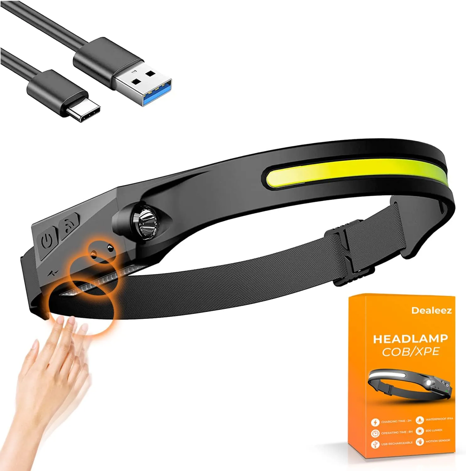 Bild von Dealeez LED Stirnlampe mit 600 Lumen, USB-C Wiederaufladbar, 230° Breitwinkel, 1200mAh Akku, IPX4 Wasserdicht, 80g leicht, Bewegungssensor und 5 Lichtmodi
