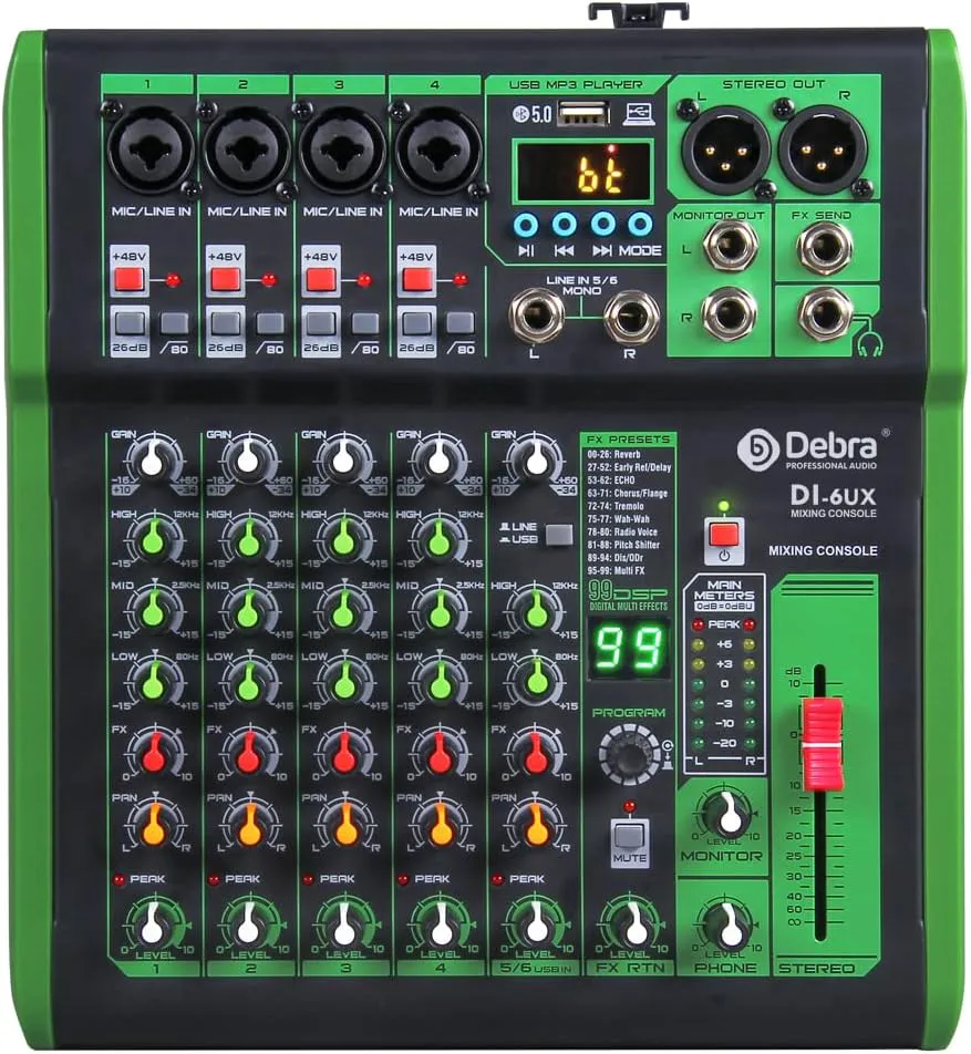 Bild von Debra DI-6UX Professioneller Audio Mixer mit 99 DSP Effekten, USB MP3 Eingang und 48V Phantomspeisung für Mikrofone