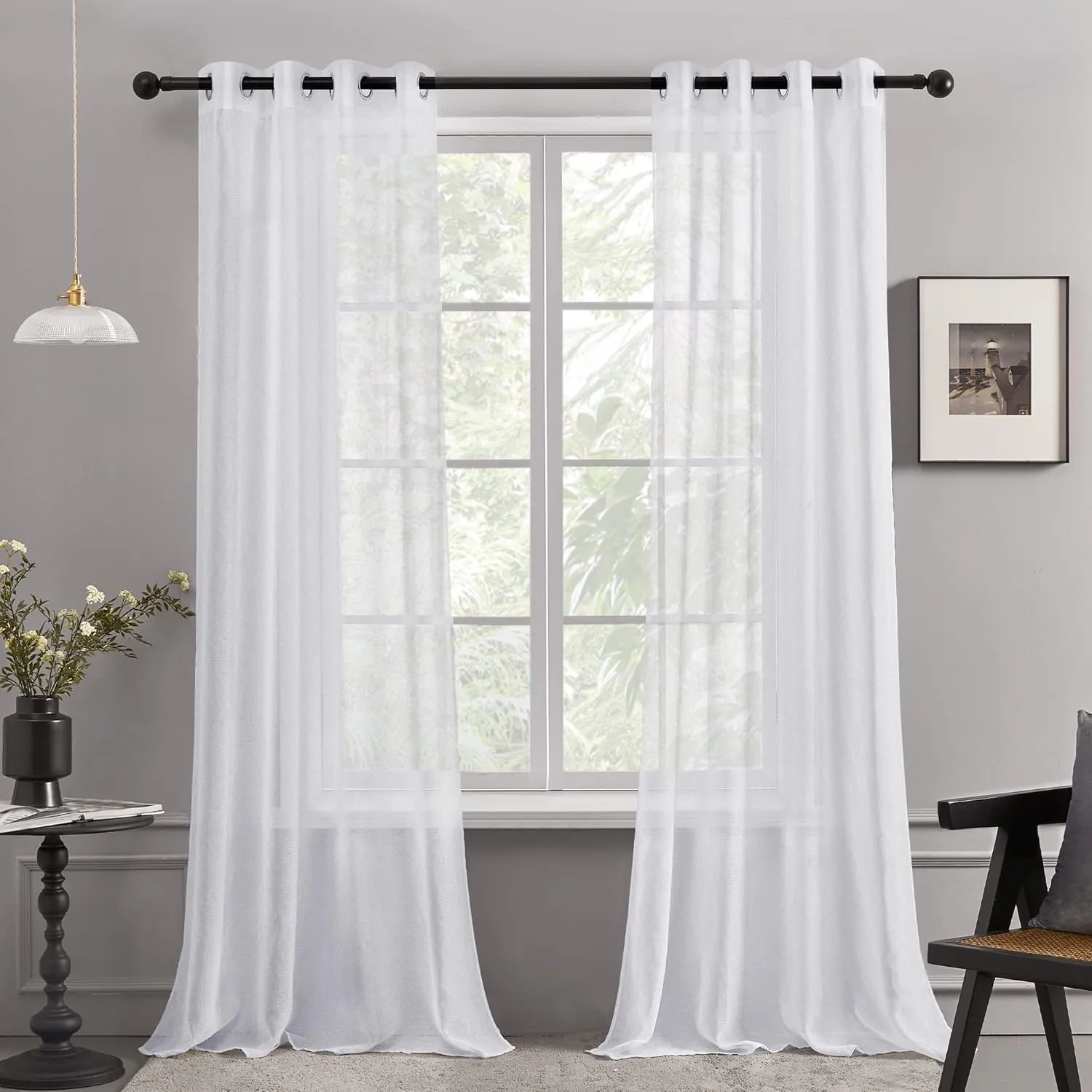 Bild von Deconovo Voile Gardinen im Leinenlook, transparentes 2er Set in Weiß, 160x132 cm