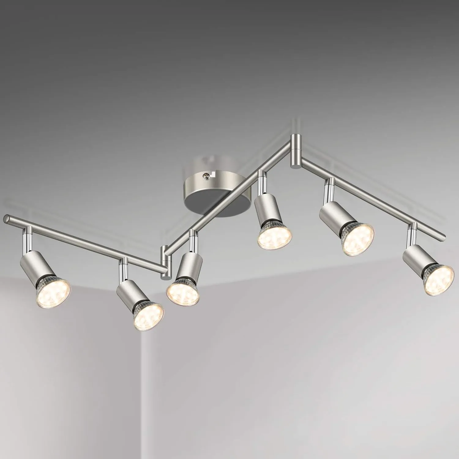 Bild von Defurhome LED Deckenleuchte mit 6 drehbaren Strahlern in mattem Nickel, inklusive 6 GU10 LED Lampen mit 4 Watt und warmweißem Licht