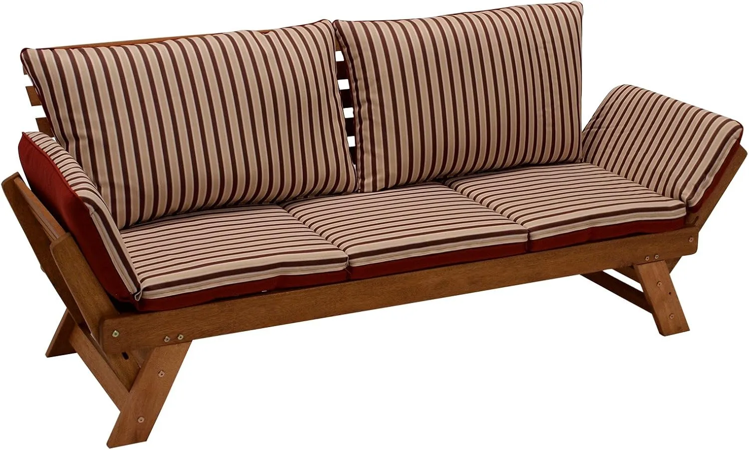 Bild von DEGAMO Liegesofa Tirol mit klappbaren Seitenlehnen, 202 cm aus Eukalyptusholz, rot-beige Wendekissen, FSC zertifiziert für Innen und Außen