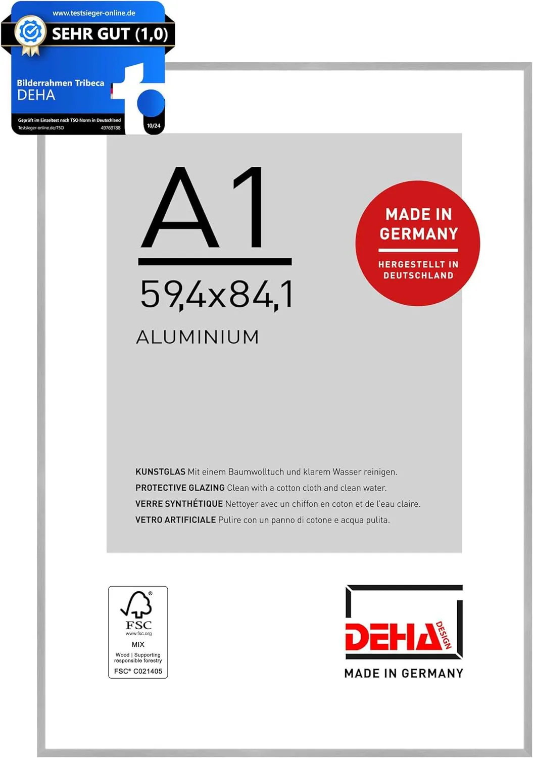 Bild von DEHA Tribeca Bilderrahmen aus Aluminium in Silber matt für A4 Dokumente, bruchsicheres Kunstglas, für Hoch- und Querformat