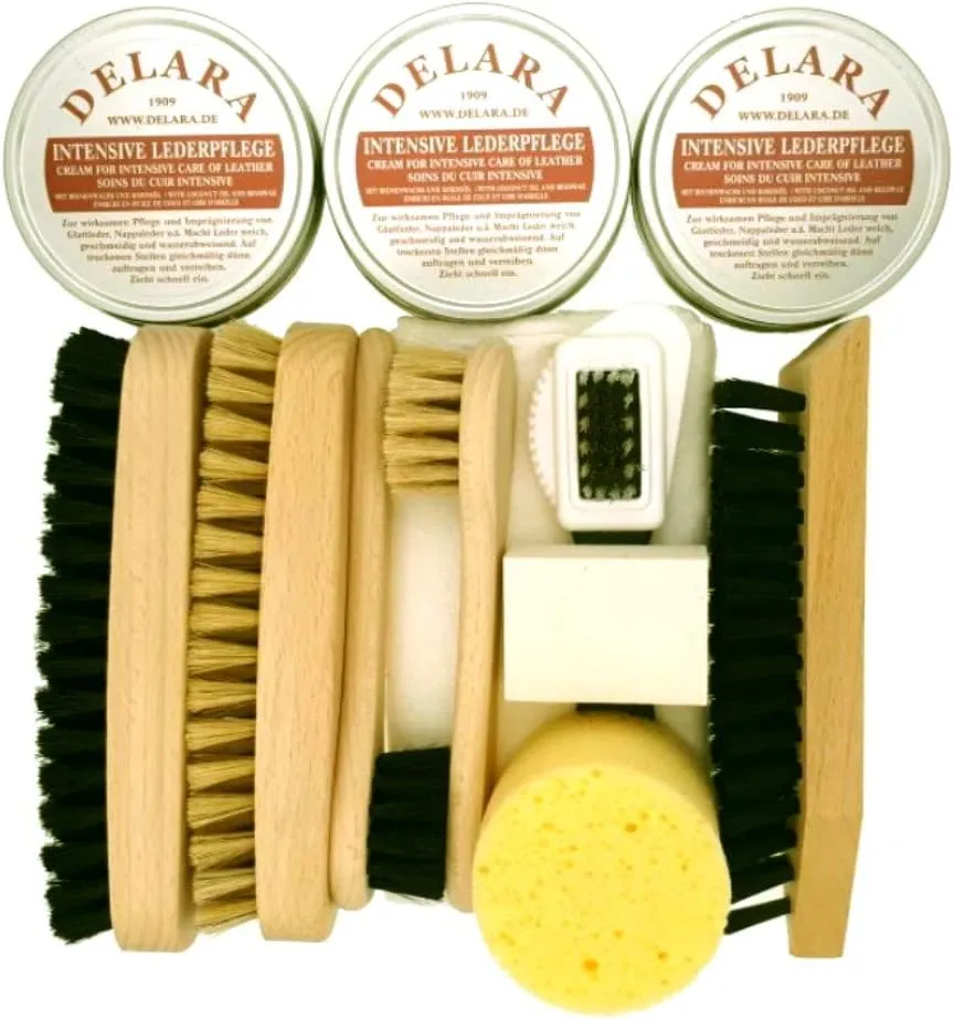 Bild von DELARA 12-teiliges Schuhputz-Set mit Lederpflege und Holzbürsten