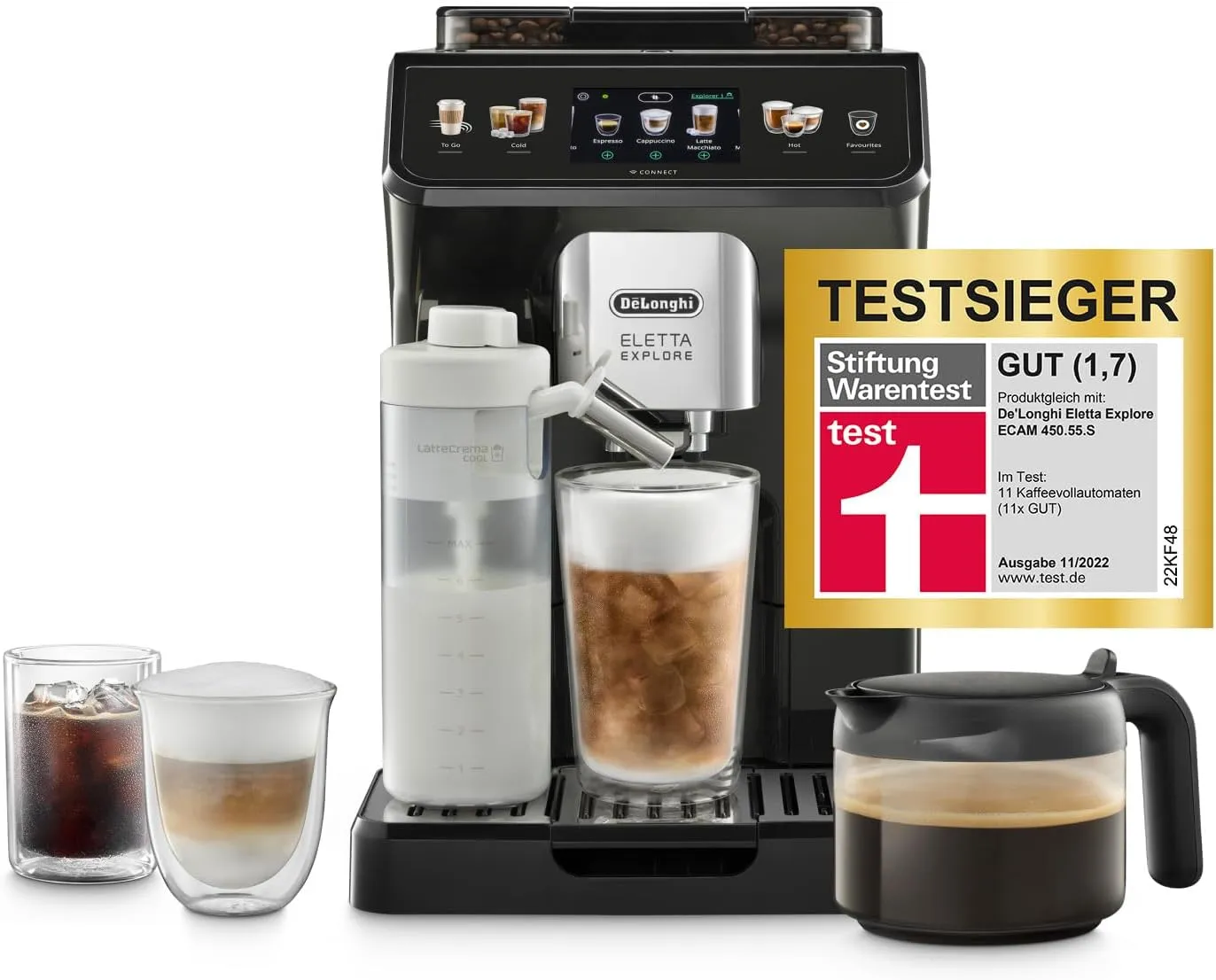 Bild von De'Longhi Eletta Explore ECAM452.57.G Kaffeevollautomat mit LatteCrema System und 3,5 Zoll Touchscreen in Schwarz
